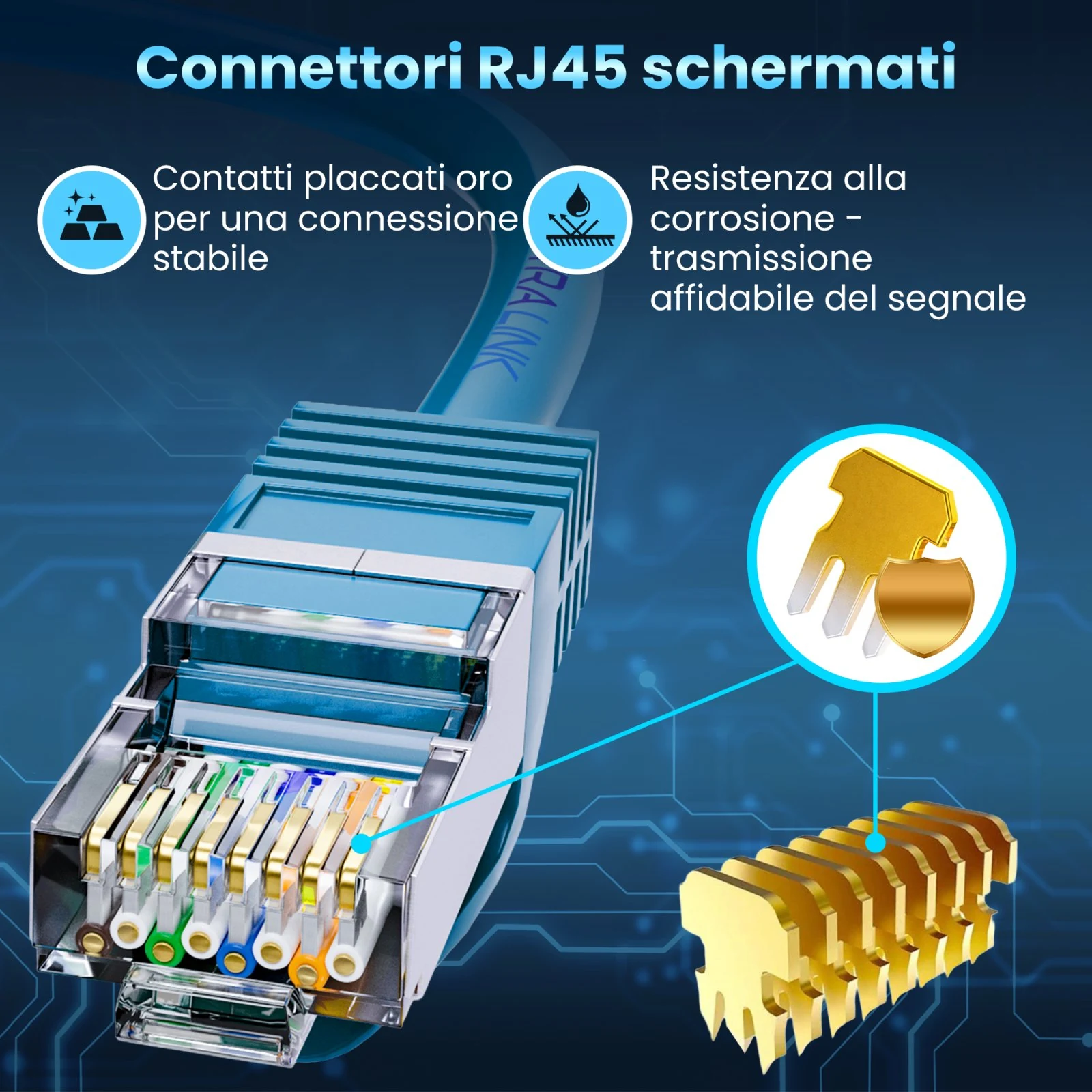 Primo piano di un patchcord Extralink blu con connettore RJ45 schermato e contatti placcati in oro