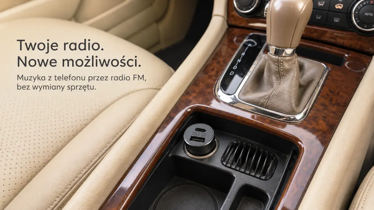 FM transmitter in the cigarette lighter socket next to a beige gear lever and a console with a wood finish.