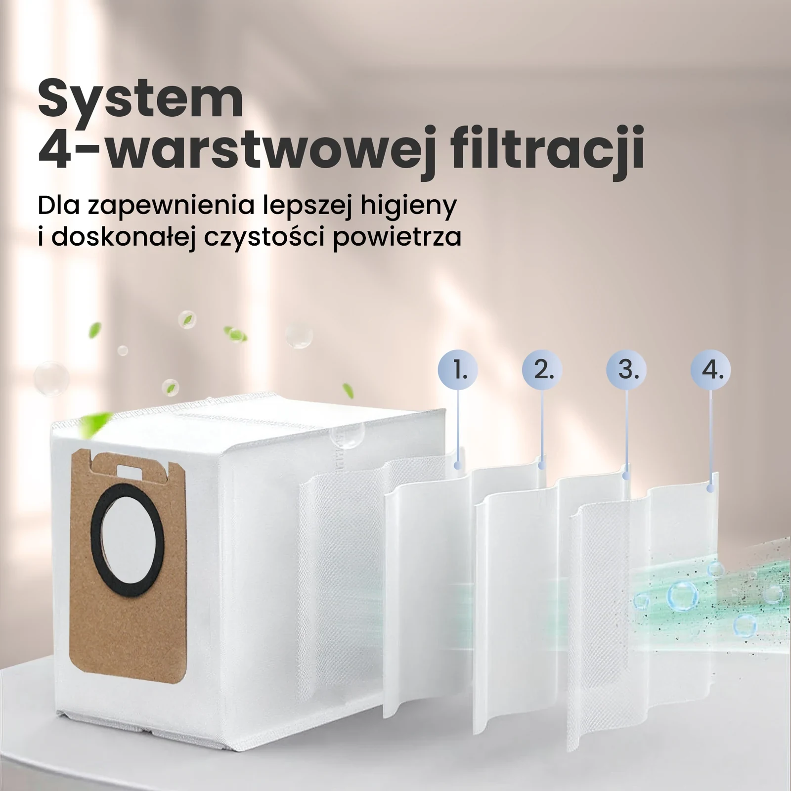 Biały worek do odkurzacza z pokazanymi czterema warstwami materiału filtracyjnego