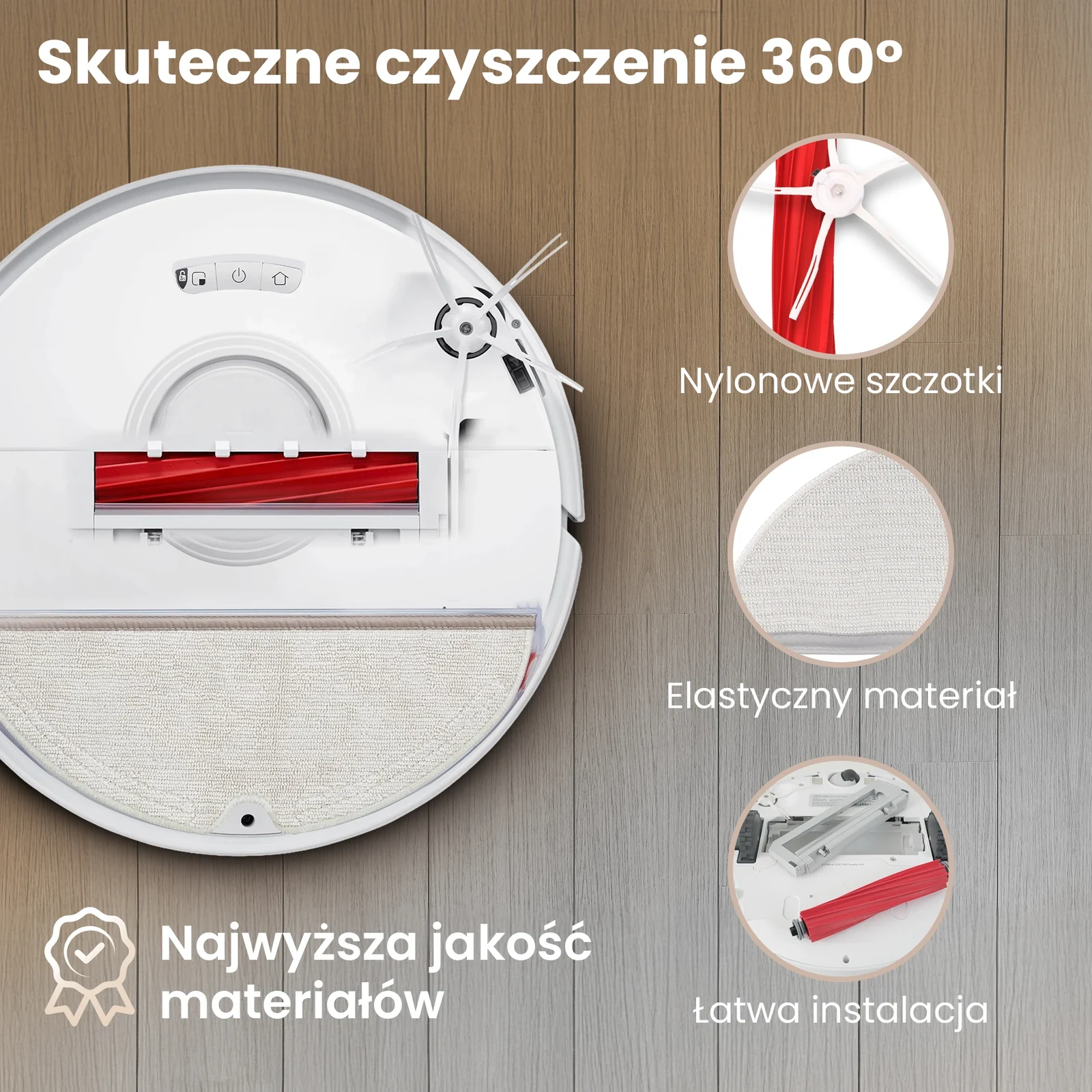 Spód białego robota sprzątającego z czerwoną szczotką główną, szczotką boczną i ściereczką mopującą