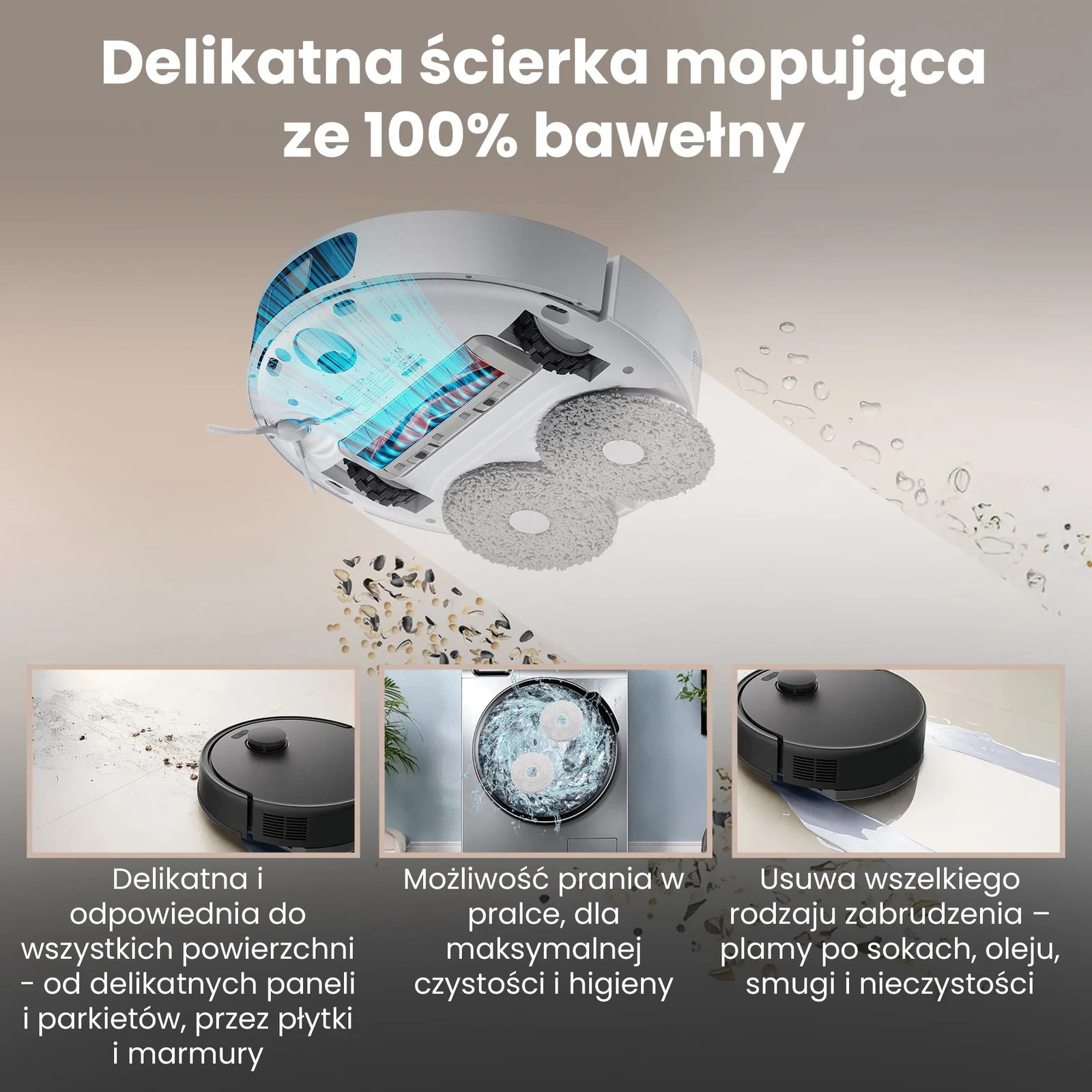 Robot sprzątający z dwiema okrągłymi ściereczkami mopującymi podczas czyszczenia podłogi