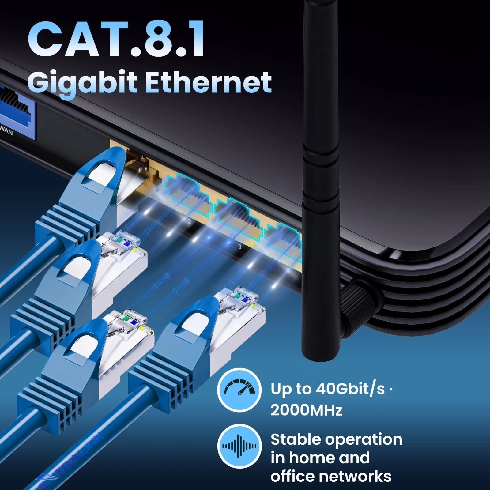 Blue shielded RJ45 patch cords connected to a router and network switch