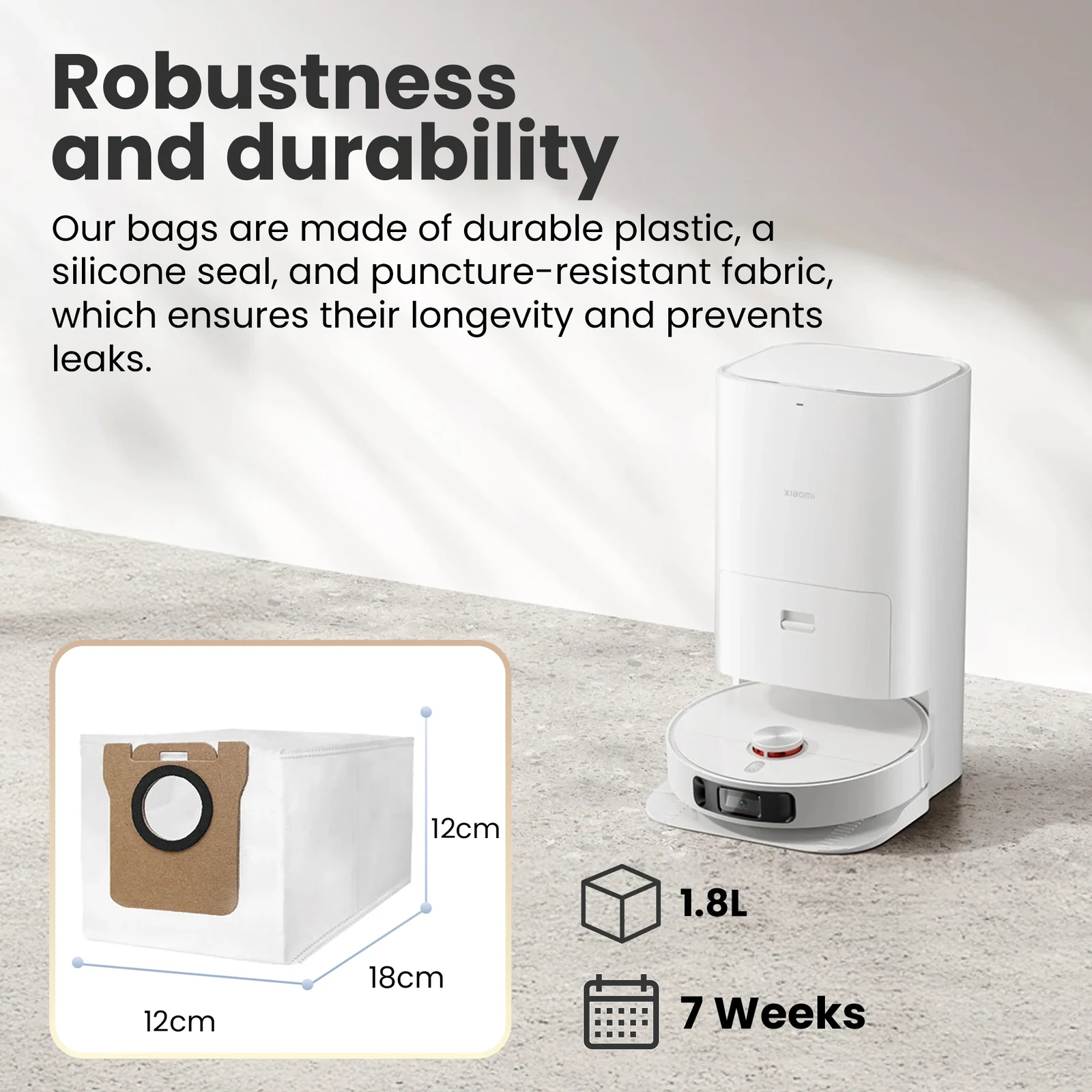 White bag in a Xiaomi robot's docking station with a close-up of its construction