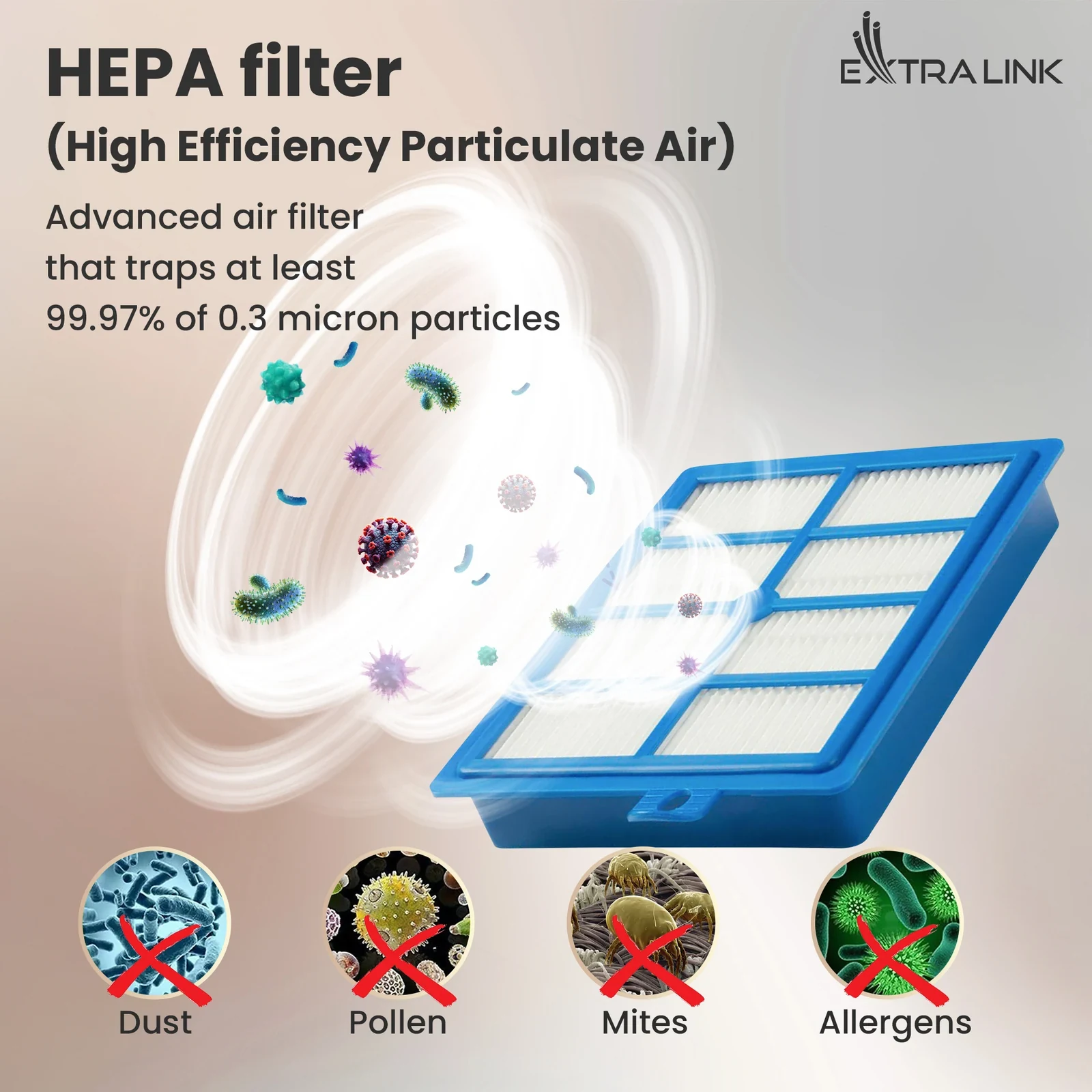 Blue HEPA filter with a white cartridge and symbols representing fine contaminants