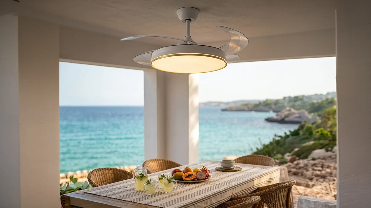White ceiling fan with a round lamp above the table in the dining room, with a sea view in the background.
