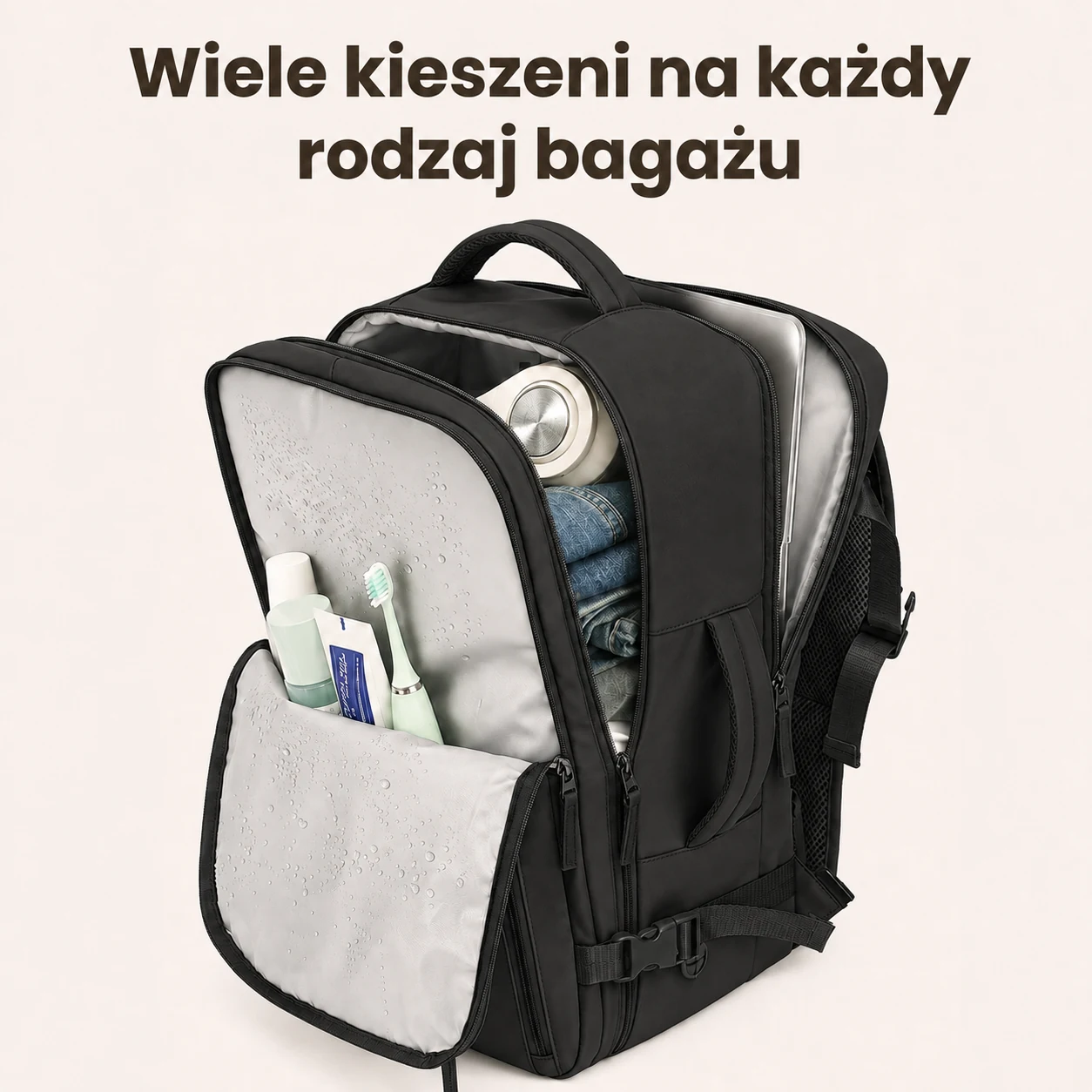 Otwarty czarny plecak z wieloma kieszeniami, zawierający kosmetyki, ubrania i metalowy kubek.