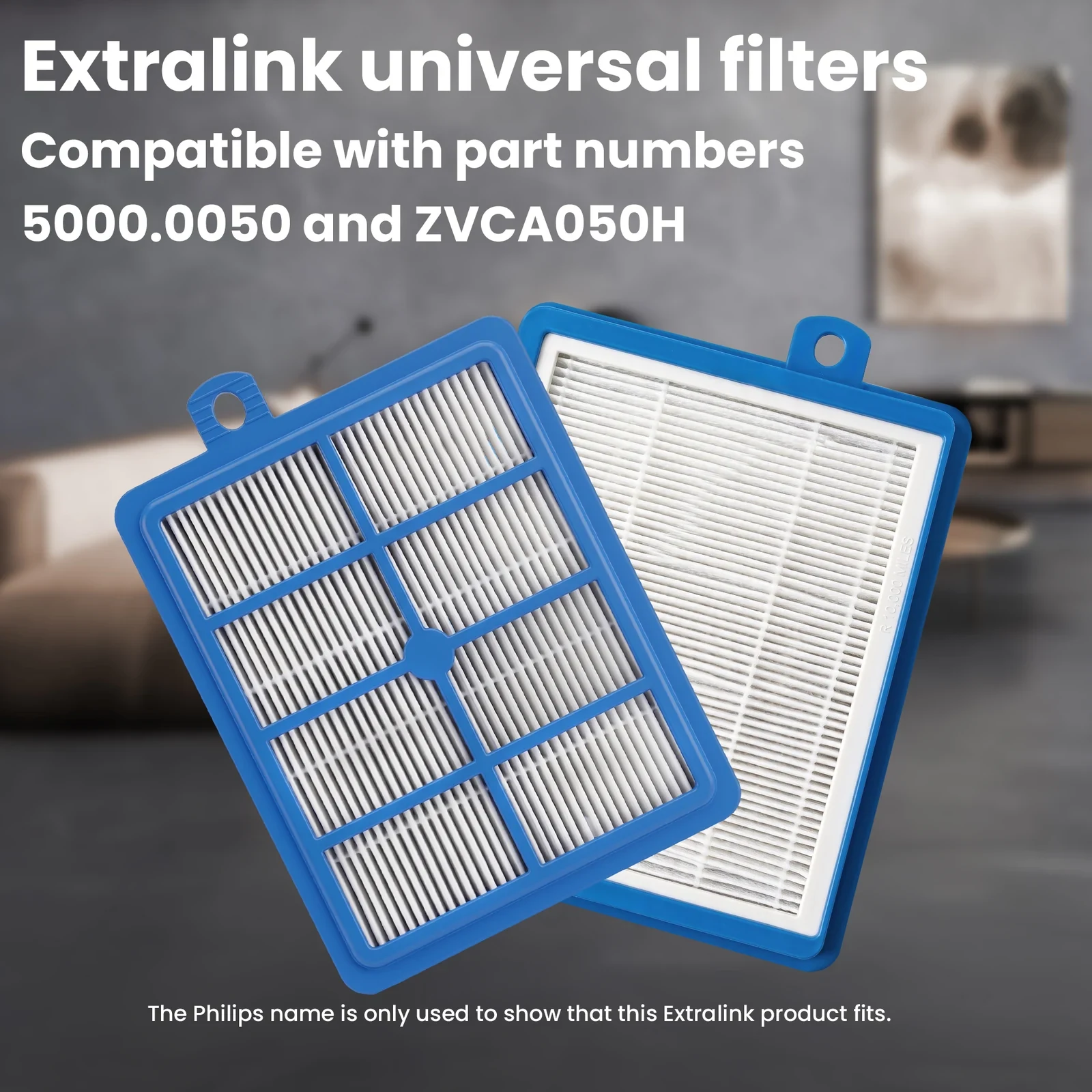Two blue air filters with white pleated cartridges
