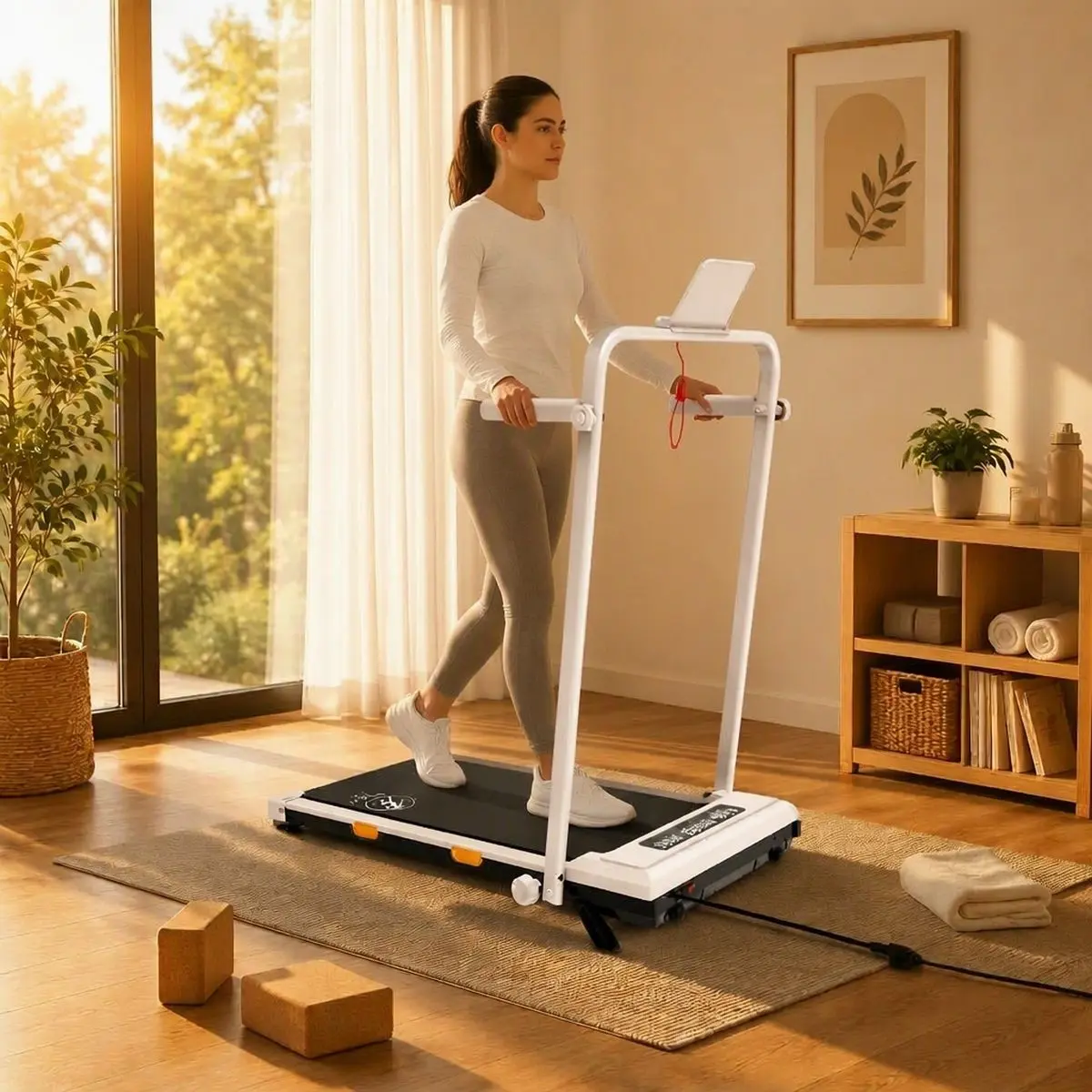 Kobieta ćwiczy na bieżni StayFit Aurora z poręczą podczas treningu w jasnym pomieszczeniu