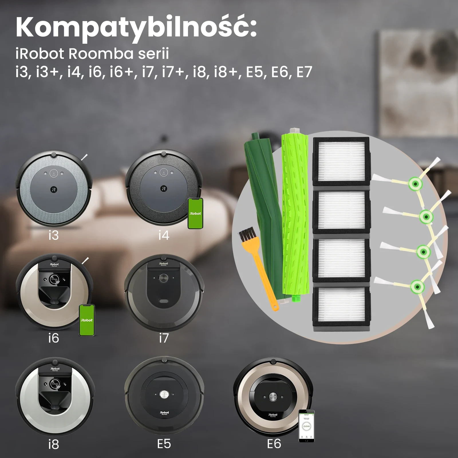 Roboty iRobot Roomba oraz zestaw szczotek, filtrów i rolek gumowych