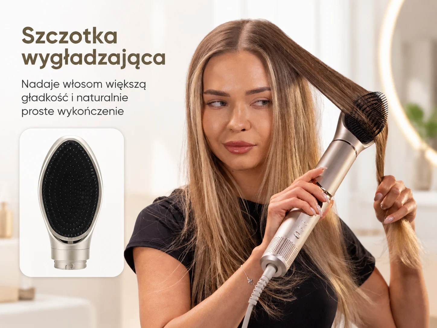 Kobieta stylizuje długie włosy lok&oacute;wko-suszarką z końc&oacute;wką w formie szczotki
