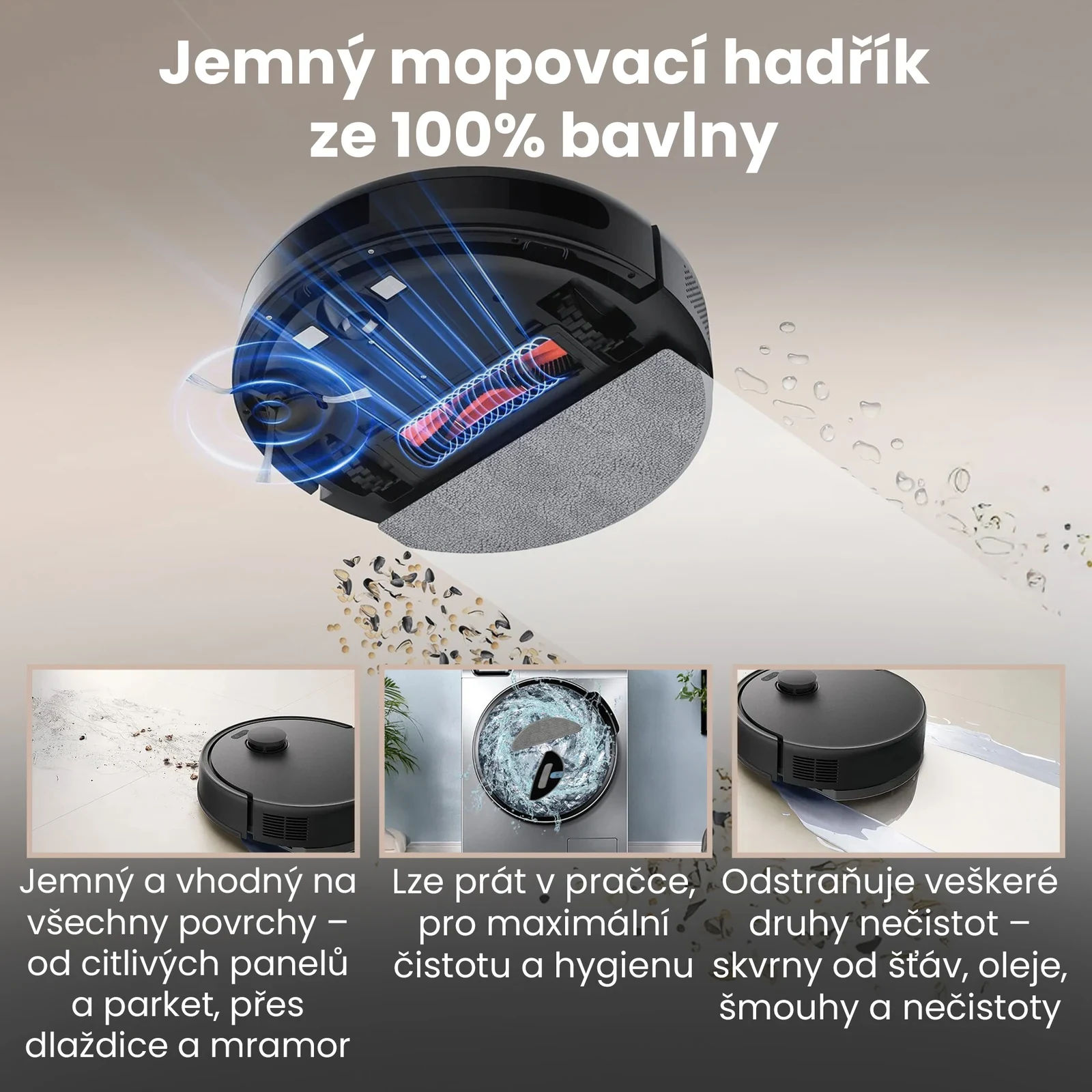 Robotický vysavač s nasazeným šedým mopovacím hadříkem na světlé podlaze