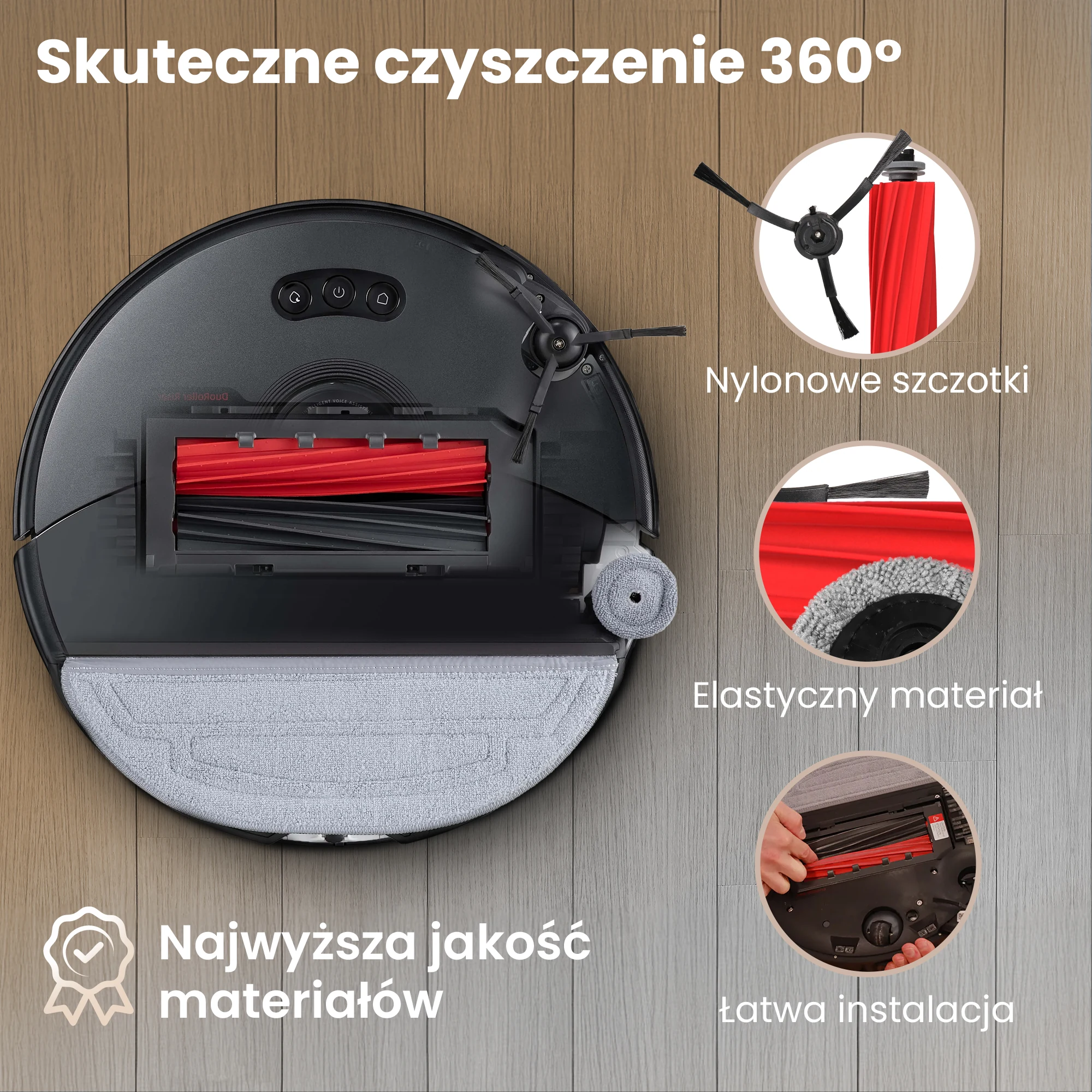 Roborock z zamontowanymi gumowymi wałkami DuoRoller i szczotką boczną podczas sprzątania podłogi