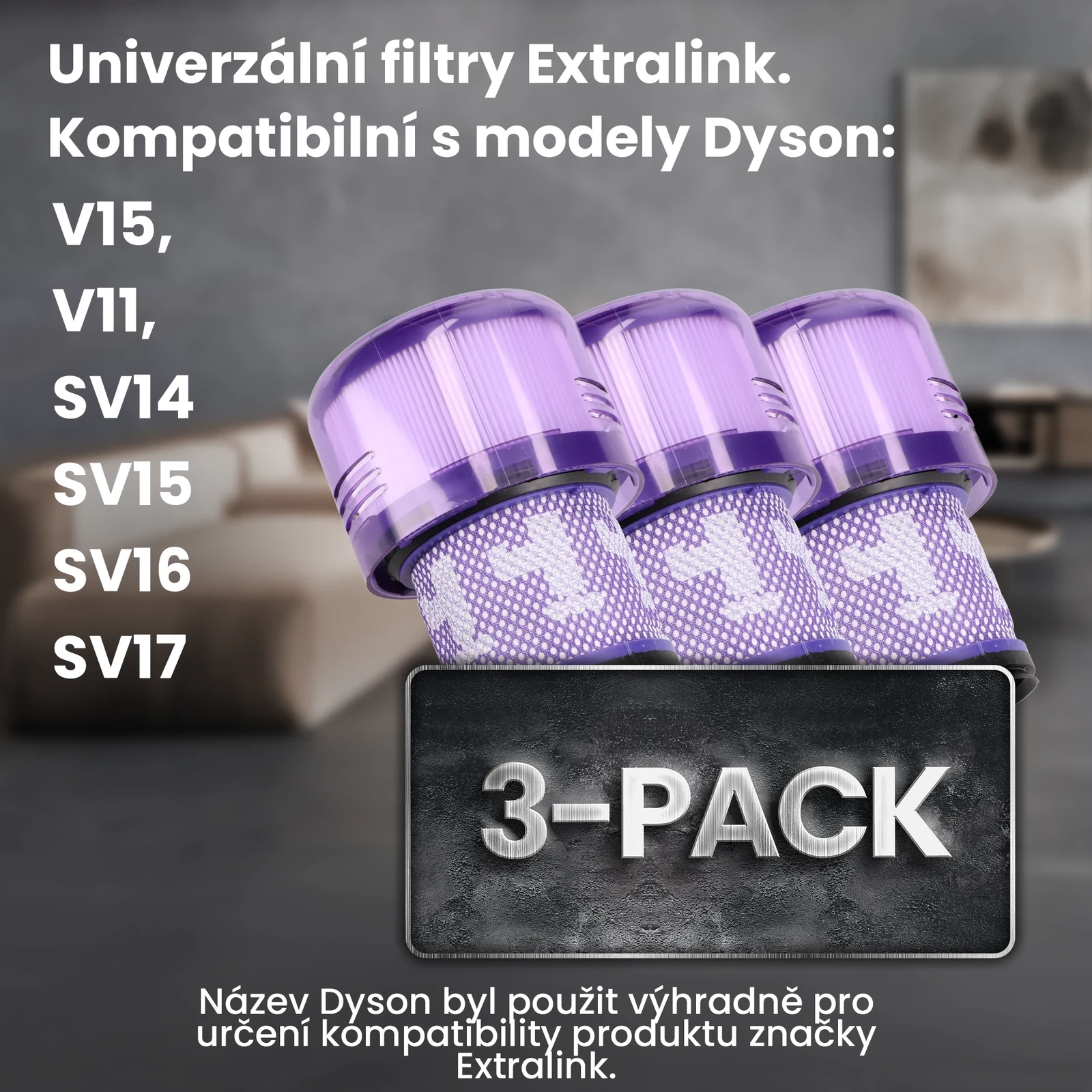 Tři fialové filtry do vysavače vedle seznamu kompatibilních modelů Dyson