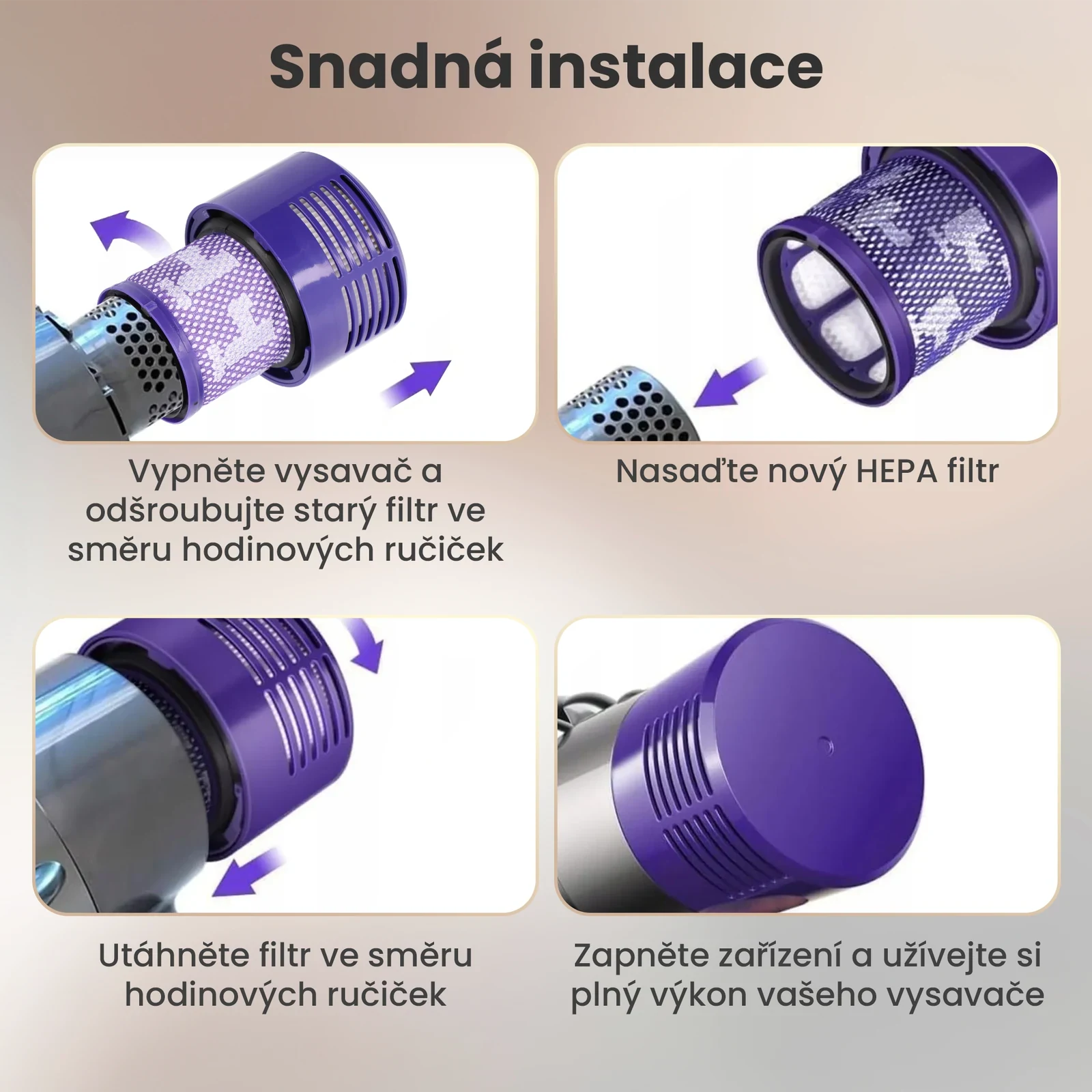 Čtyři fotografie ukazující proces odšroubování starého a přišroubování nového filtru k tělu vysavače