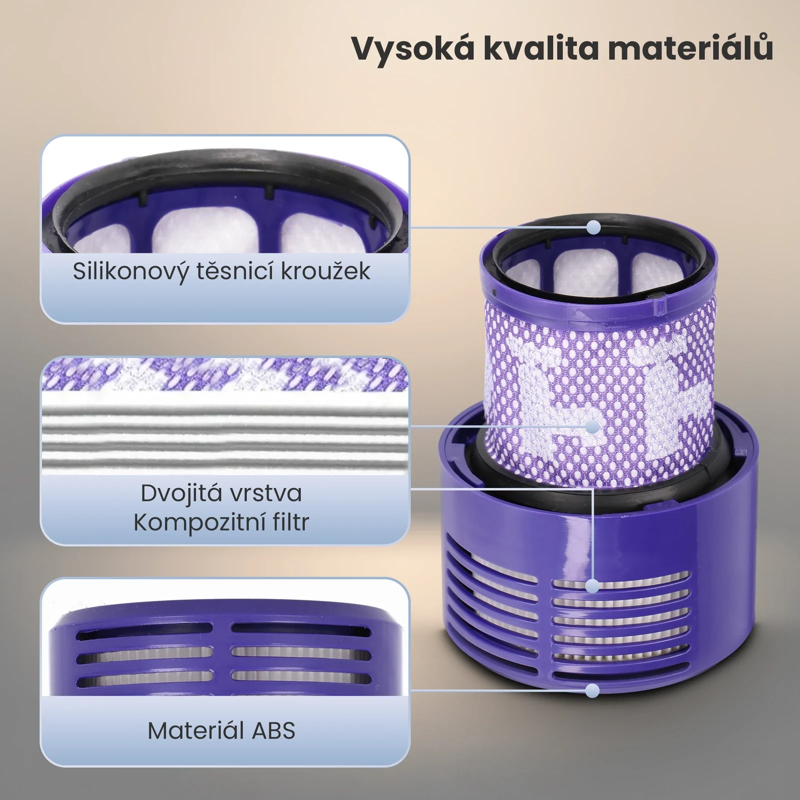 Detailní záběry na prvky filtru: silikonový kroužek, kompozitní vrstvu a tělo z materiálu ABS
