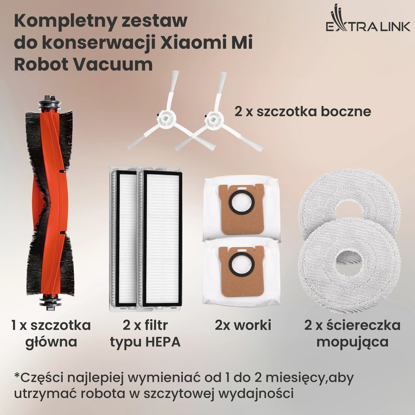 Zestaw części do robota: szczotka główna, dwie szczotki boczne, dwa filtry, worki i ściereczki