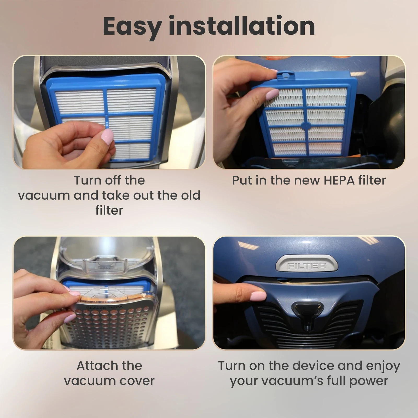 Blue HEPA filter being installed in a vacuum cleaner cassette by hand