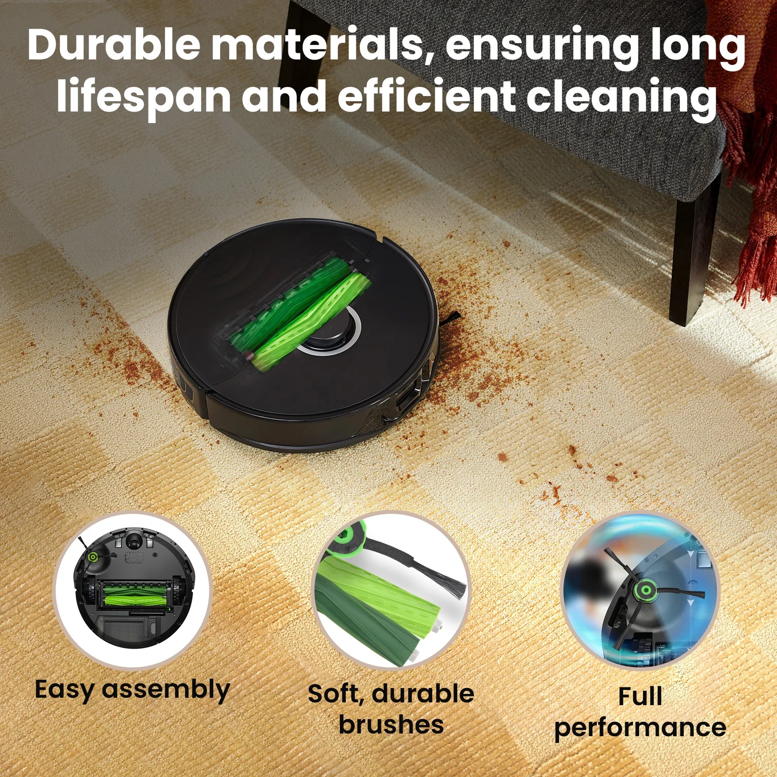 Roomba robot with a green rubber brush collecting dirt from a carpet