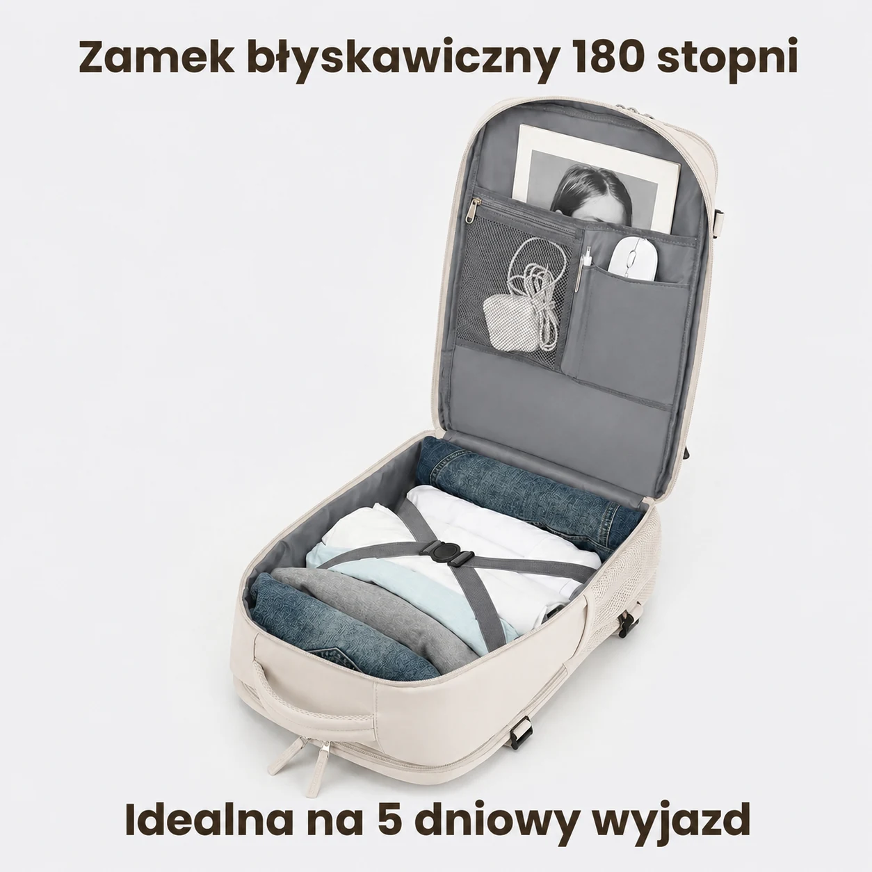 Mochila de viagem bege aberta com roupas e bolsos internos; a ilustração informa sobre zíper de 180° e viagem de 5 dias.