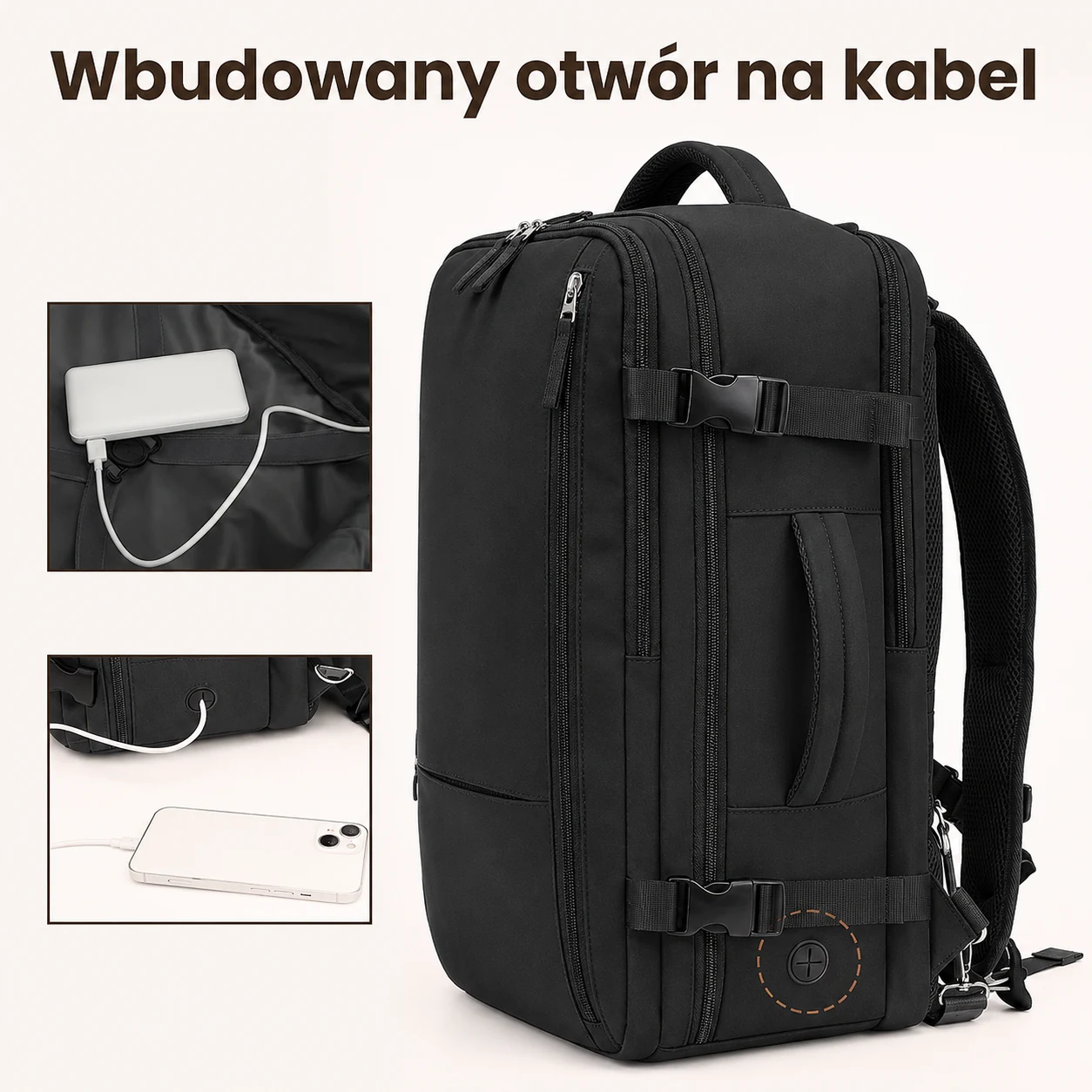 Czarny plecak podróżny z kieszeniami i klamrami; obok zbliżenia otworu na kabel oraz podłączonego urządzenia.