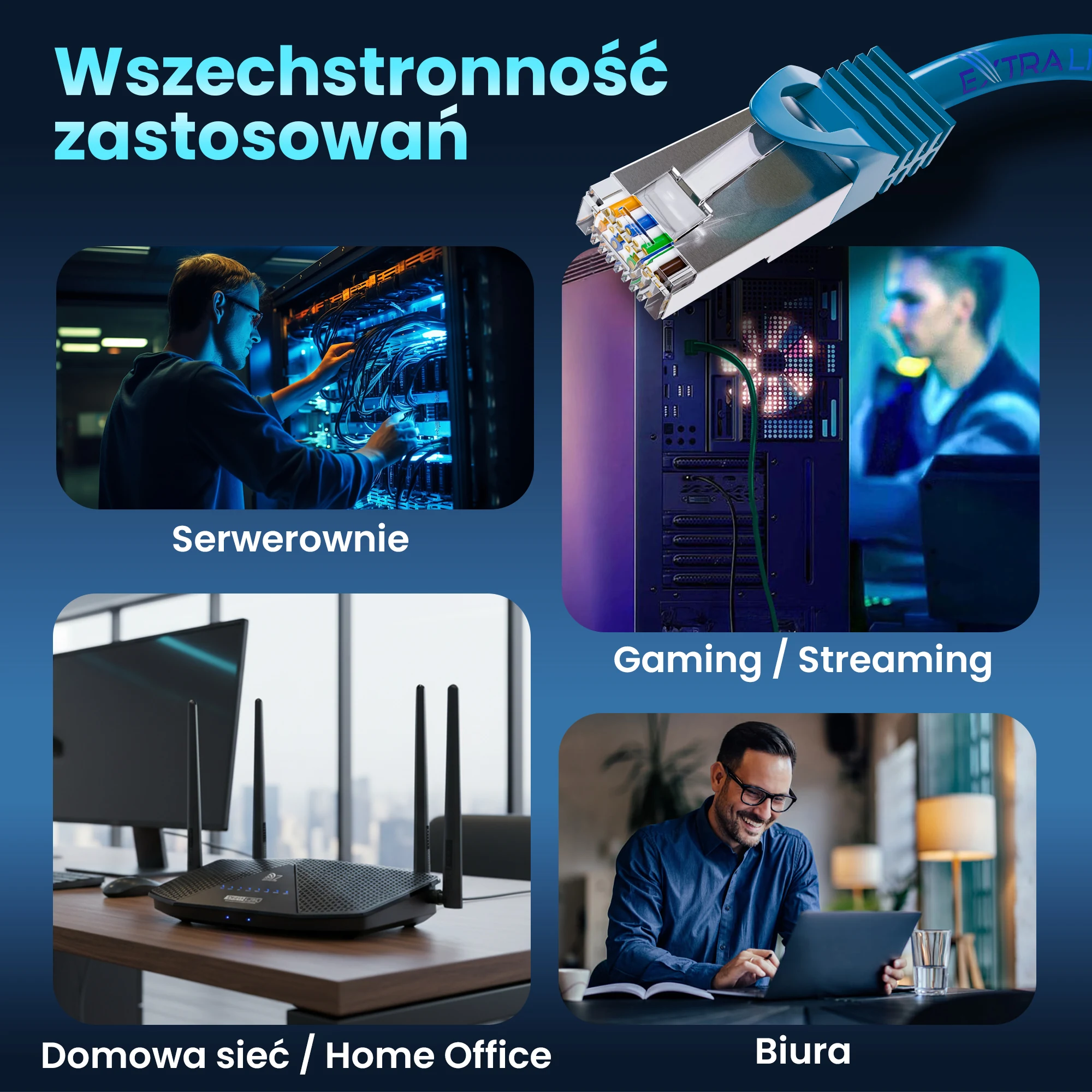 Niebieski patchcord przy serwerze, komputerze, routerze i stanowisku biurowym