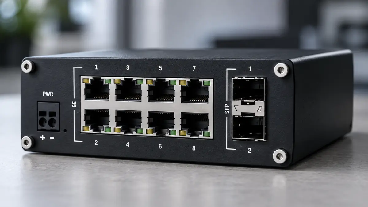 Przedni panel przełącznika Teltonika TSW210 z ośmioma portami Ethernet i dwoma gniazdami SFP.