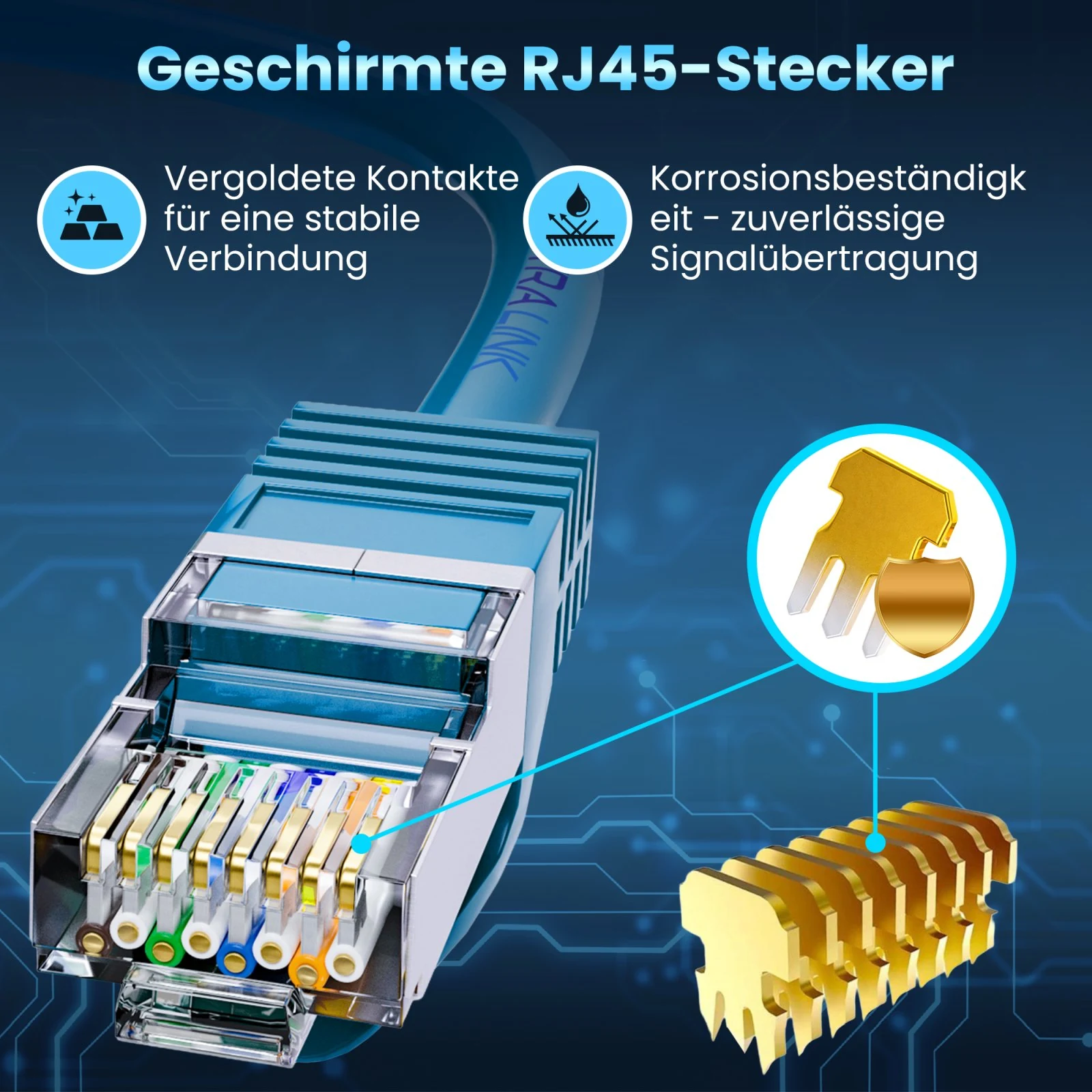 Nahaufnahme eines blauen Extralink-Patchkabels mit geschirmtem RJ45-Stecker und vergoldeten Kontakten