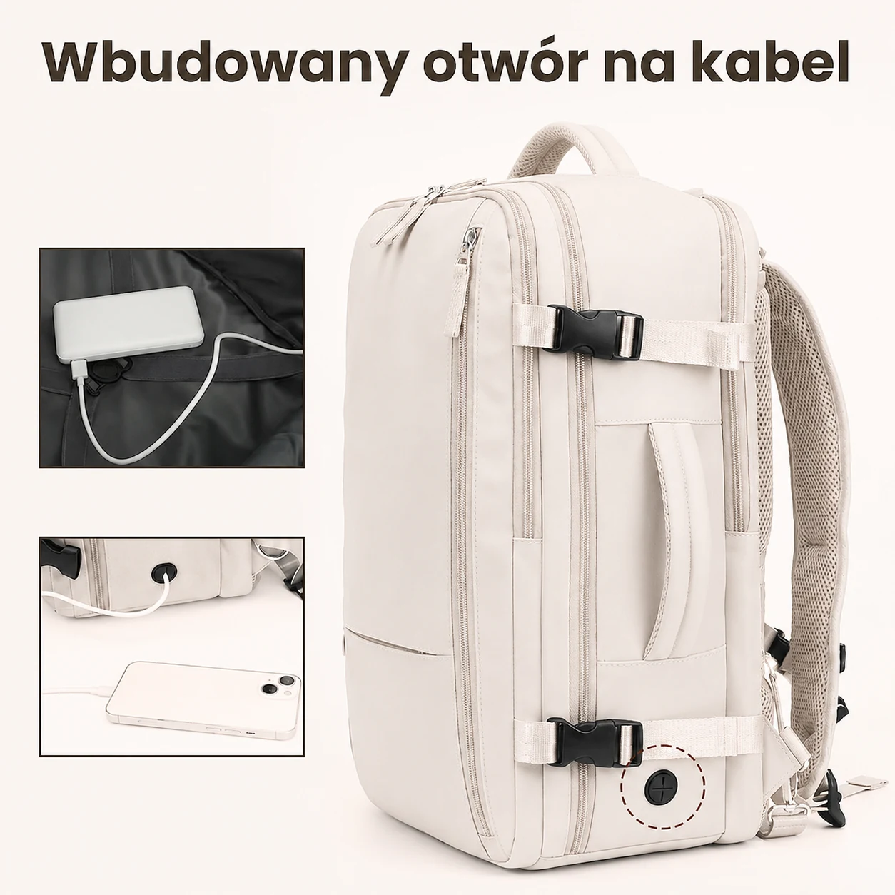 Mochila bege com abertura para cabo, duas fivelas de compressão e bolsos na frente.