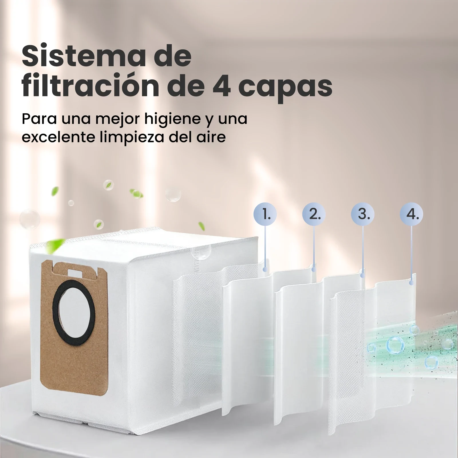 Bolsa blanca para aspiradora con las cuatro capas de material filtrante visibles