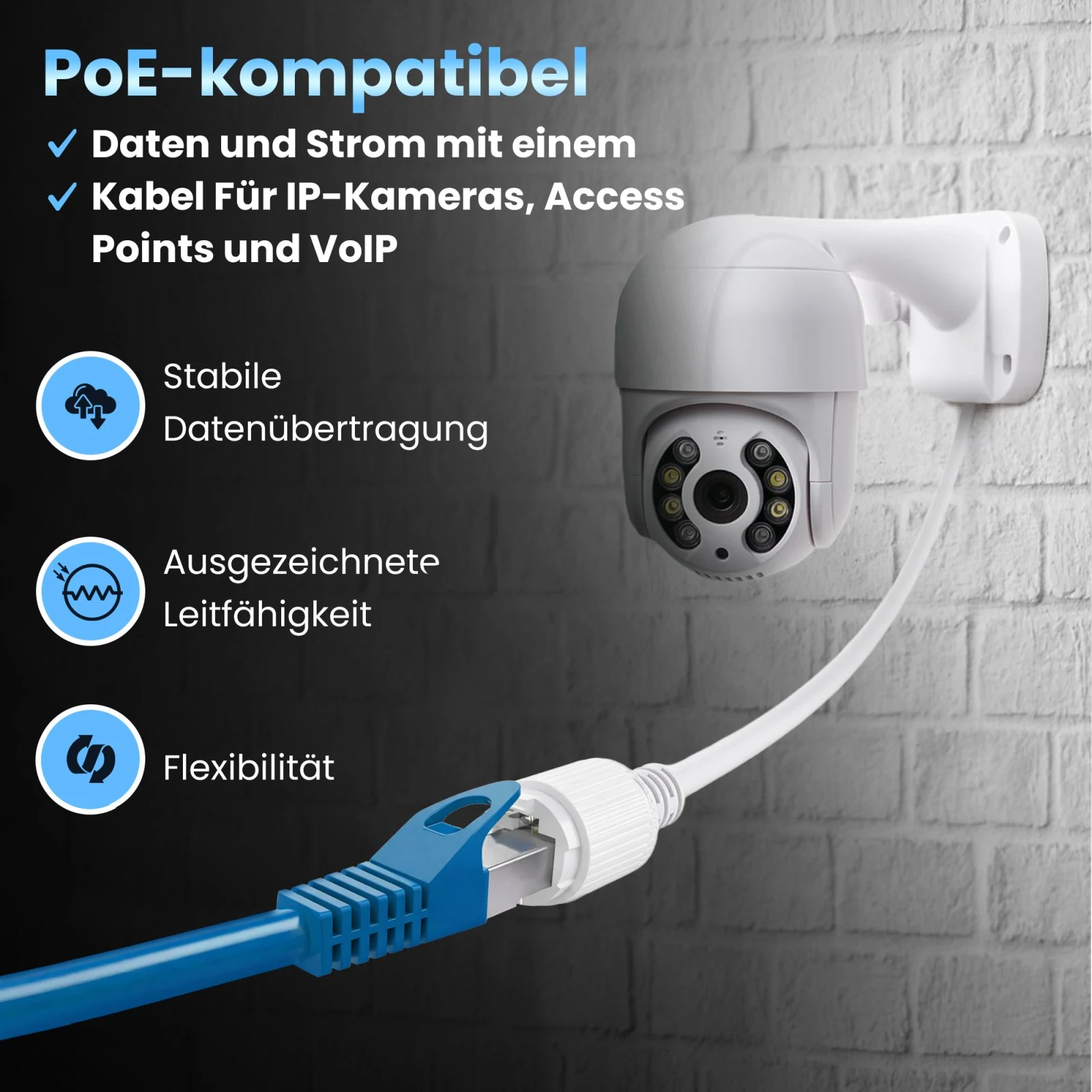 Blaues RJ45-Patchkabel, das an eine weiße IP-Kamera an der Wand angeschlossen ist