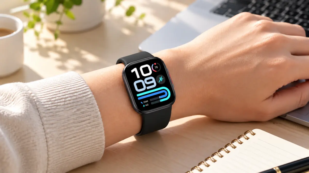 Schwarze Redmi Watch 6 Active Smartwatch am Handgelenk einer Person, die am Laptop arbeitet