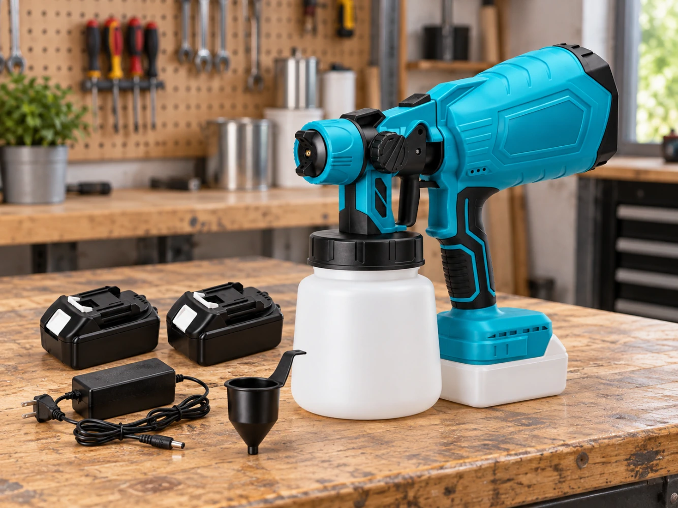 Cordless spray gun with a comfortable handle and controls.