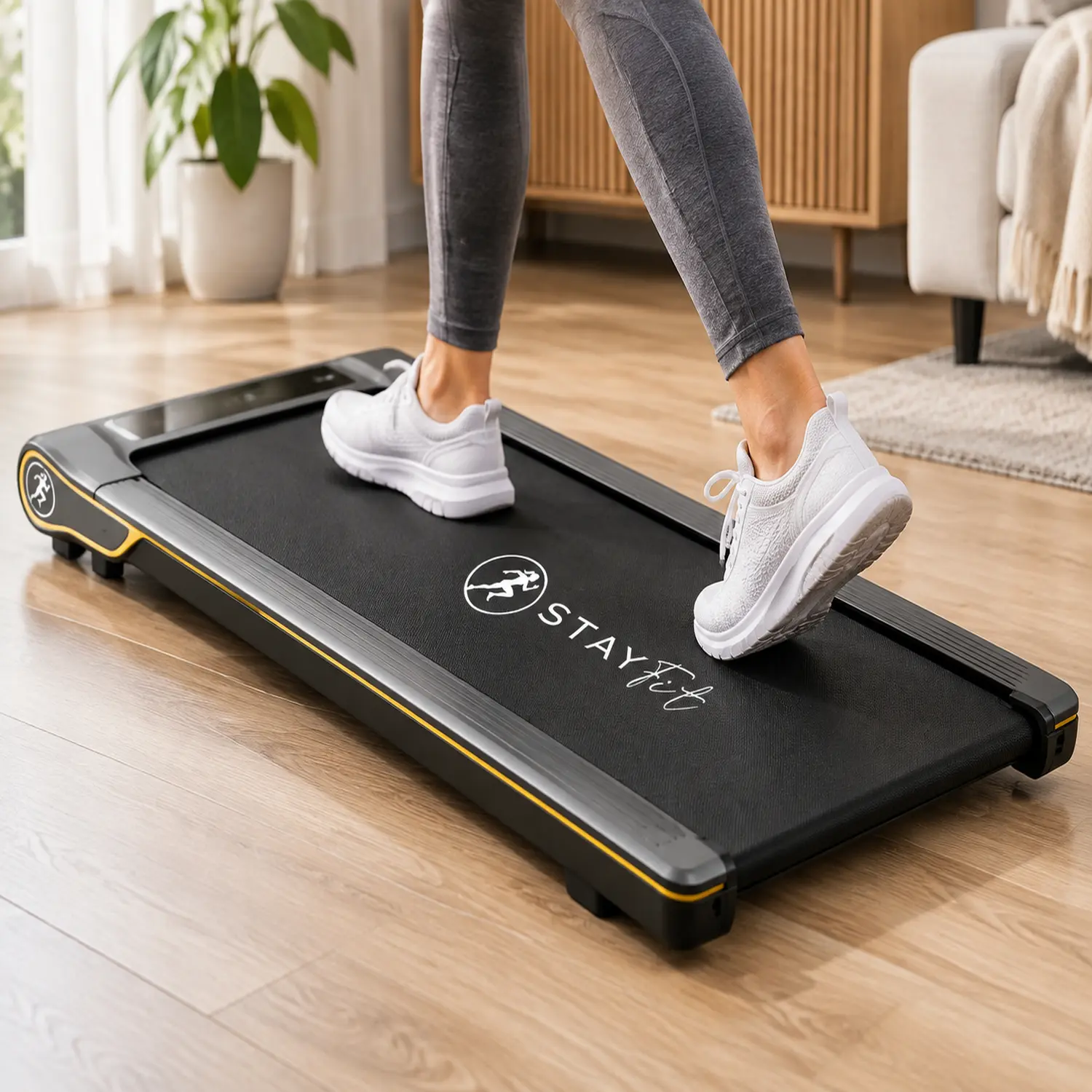 StayFit Vibe kompaktowa bieżnia domowa z widocznymi stopami użytkownika podczas chodzenia
