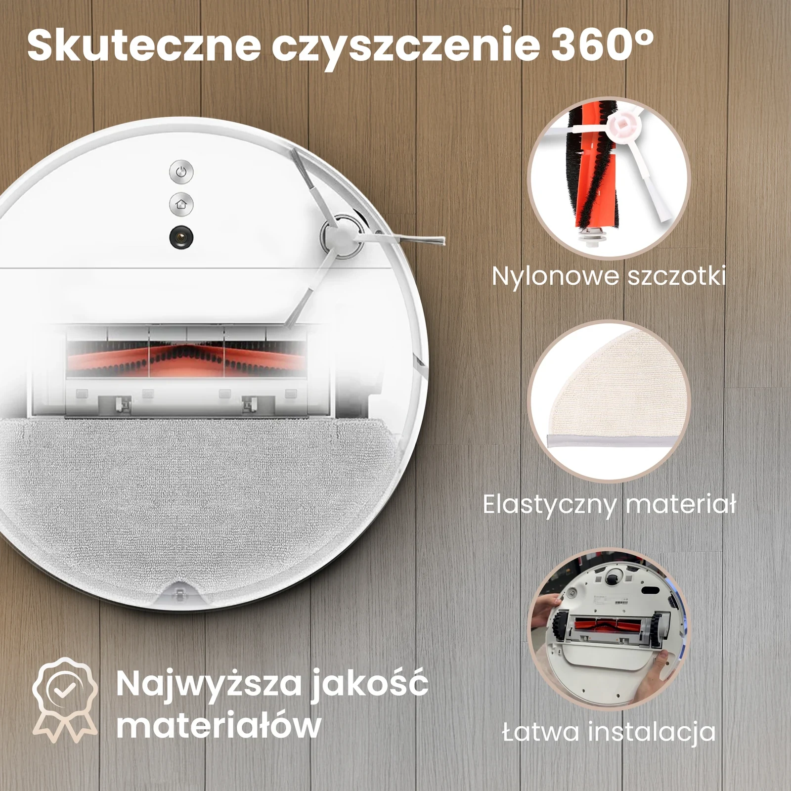 Robot Xiaomi od spodu z zamontowaną szczotką główną, szczotką boczną i ściereczką mopującą