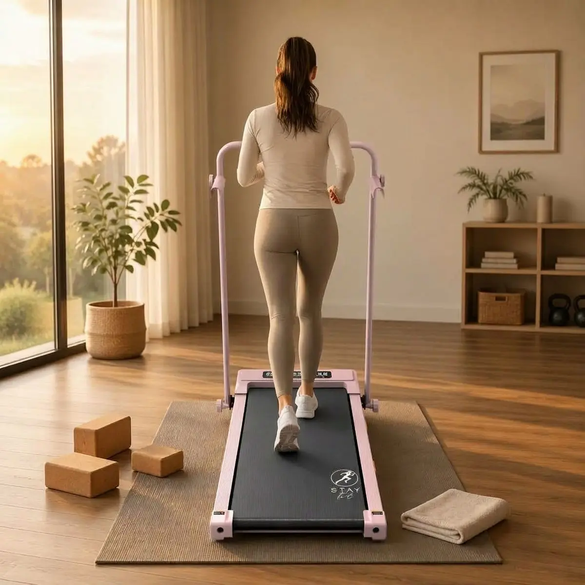 Kobieta ćwiczy na bieżni StayFit Aurora z poręczą w domowej przestrzeni treningowej