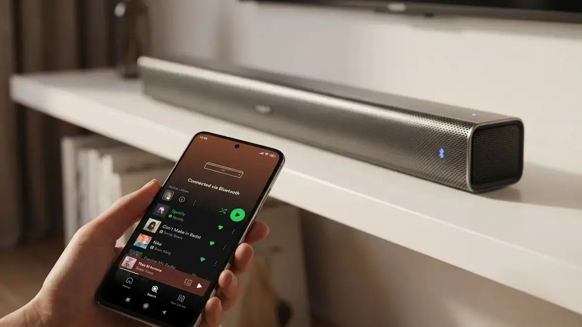 Älypuhelin yhdistettynä Bluetoothilla hyllyllä television alla olevaan soundbariin.