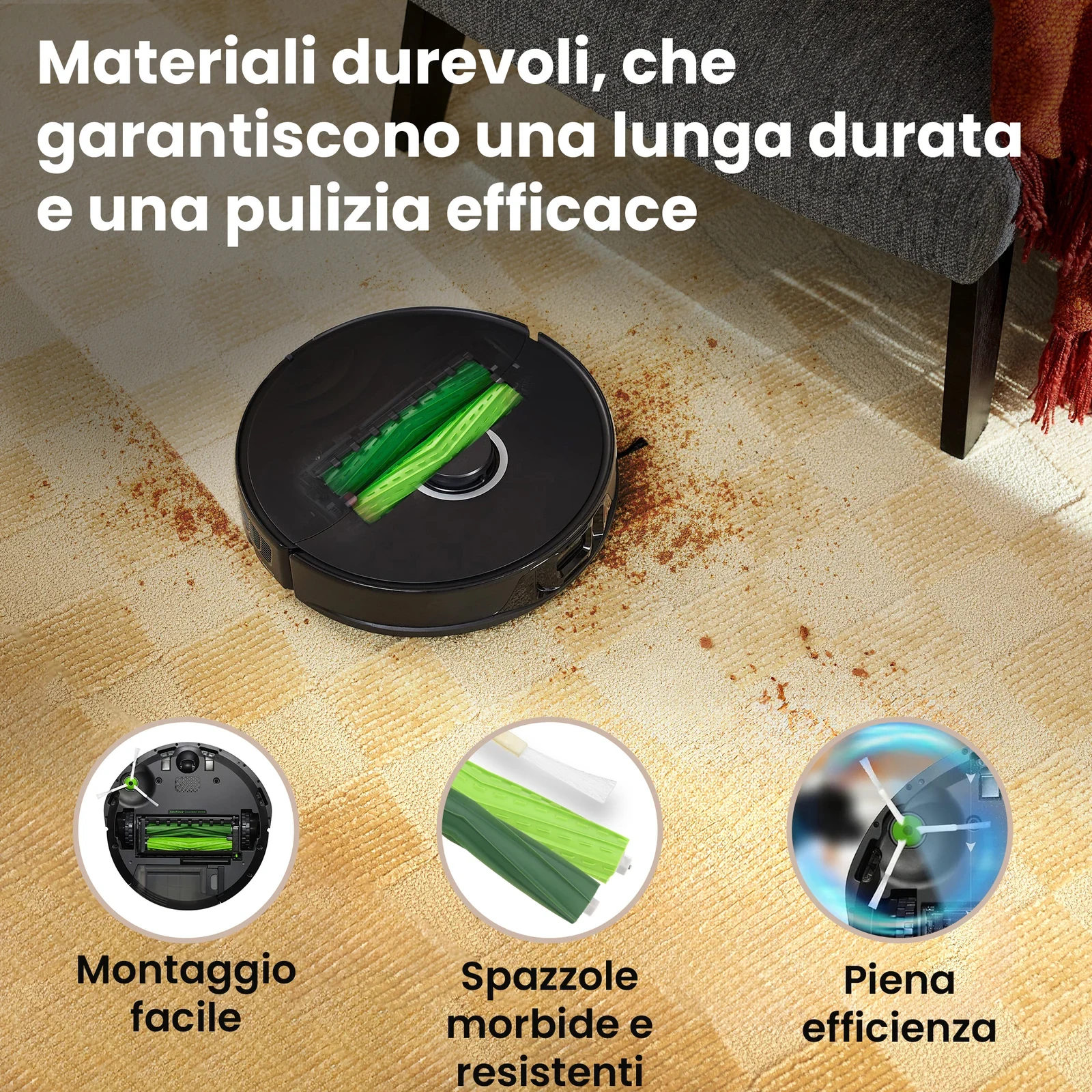 Robot aspirapolvere iRobot Roomba con rulli in gomma verdi su un tappeto