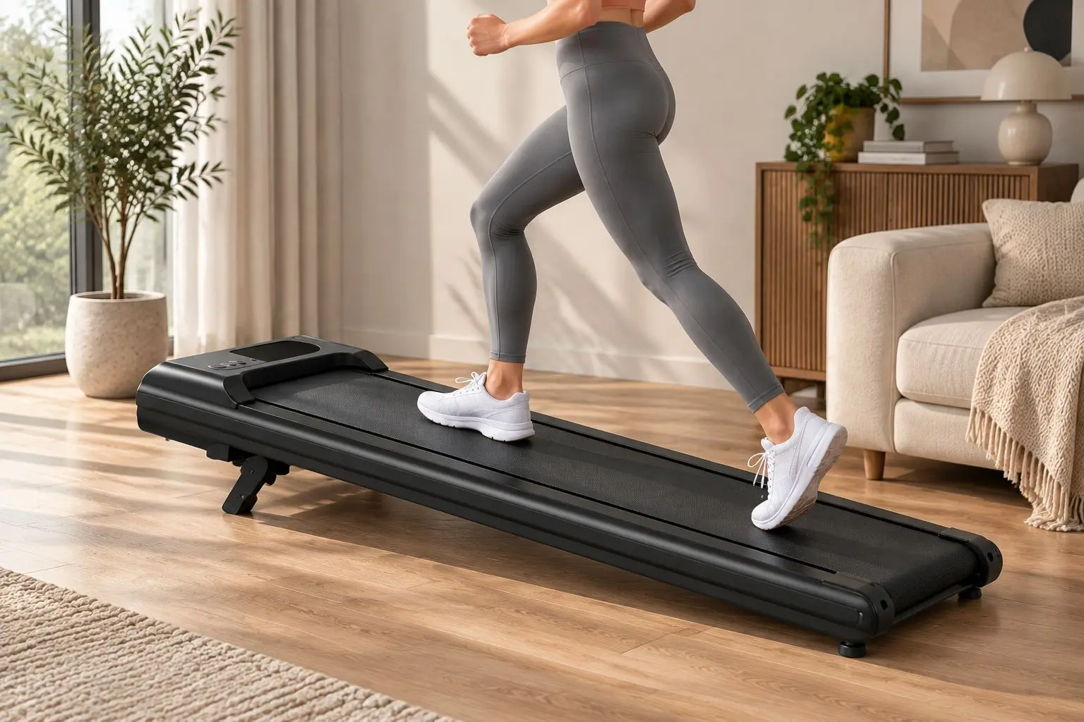 Kobieta korzysta z kompaktowej bieżni StayFit Beam podczas treningu w jasnym nowoczesnym salonie