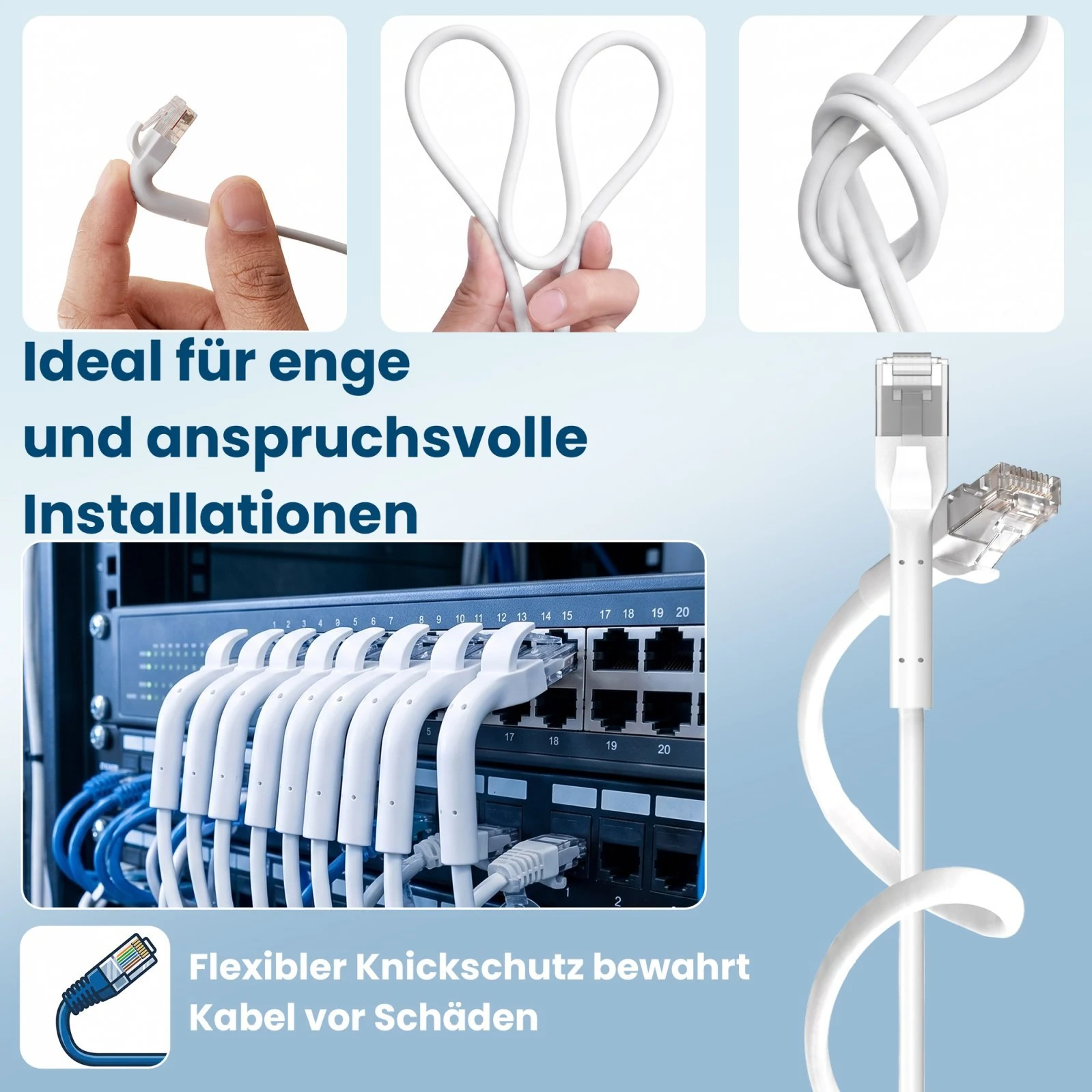 Weißes Extralink-Patchkabel mit flexiblen Enden für enge und anspruchsvolle Installationen