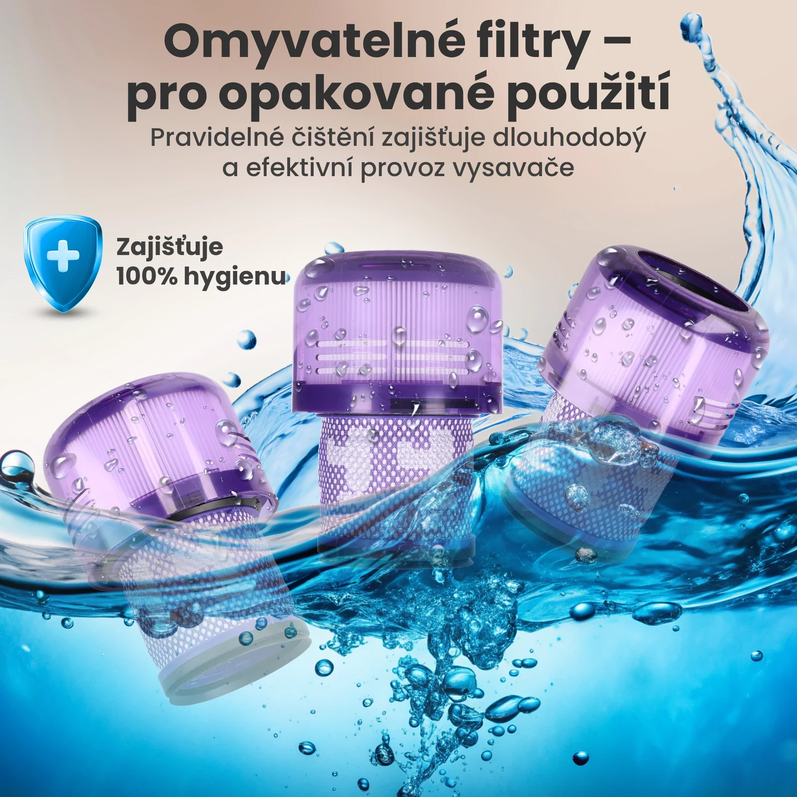 Dva fialové filtry ponořené v čisté, stříkající vodě s modrou ikonou štítu s plusem