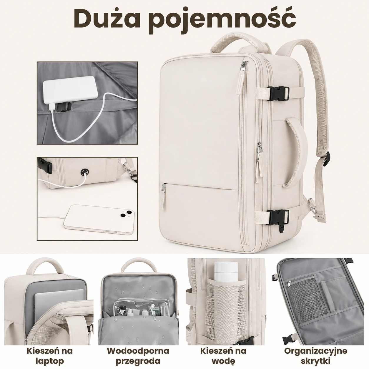 Mochila de cabine bege com bolsos, compartimento para laptop, compartimento impermeável e bolsos para cosméticos.