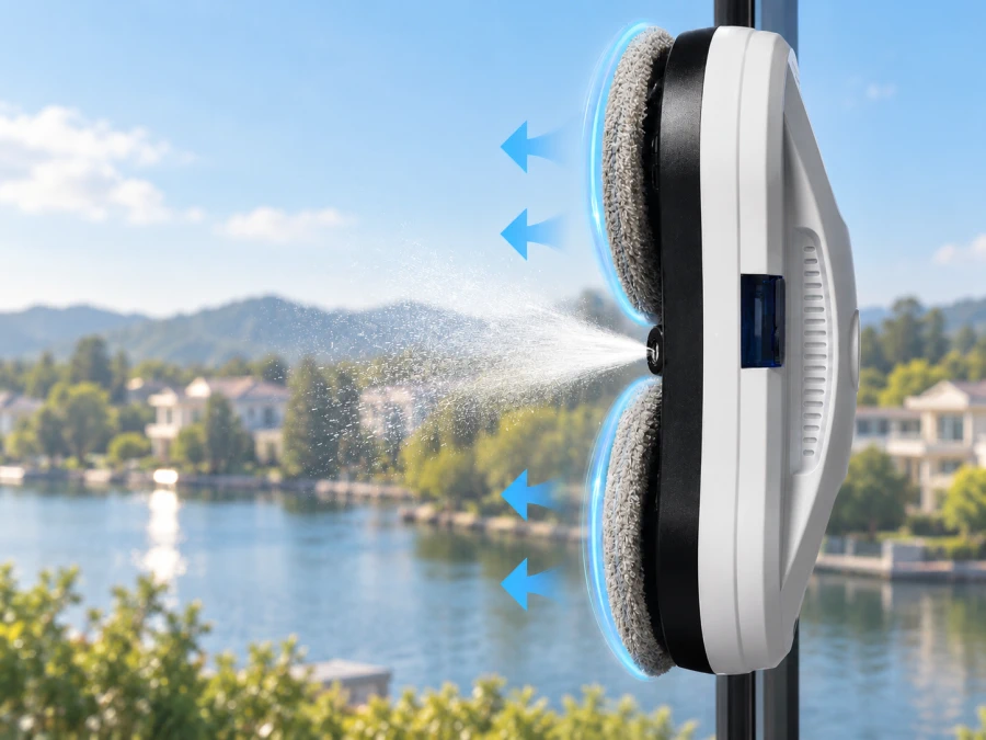BLOW window cleaning robot set with remote control, cleaning pads, power supply and safety cord.