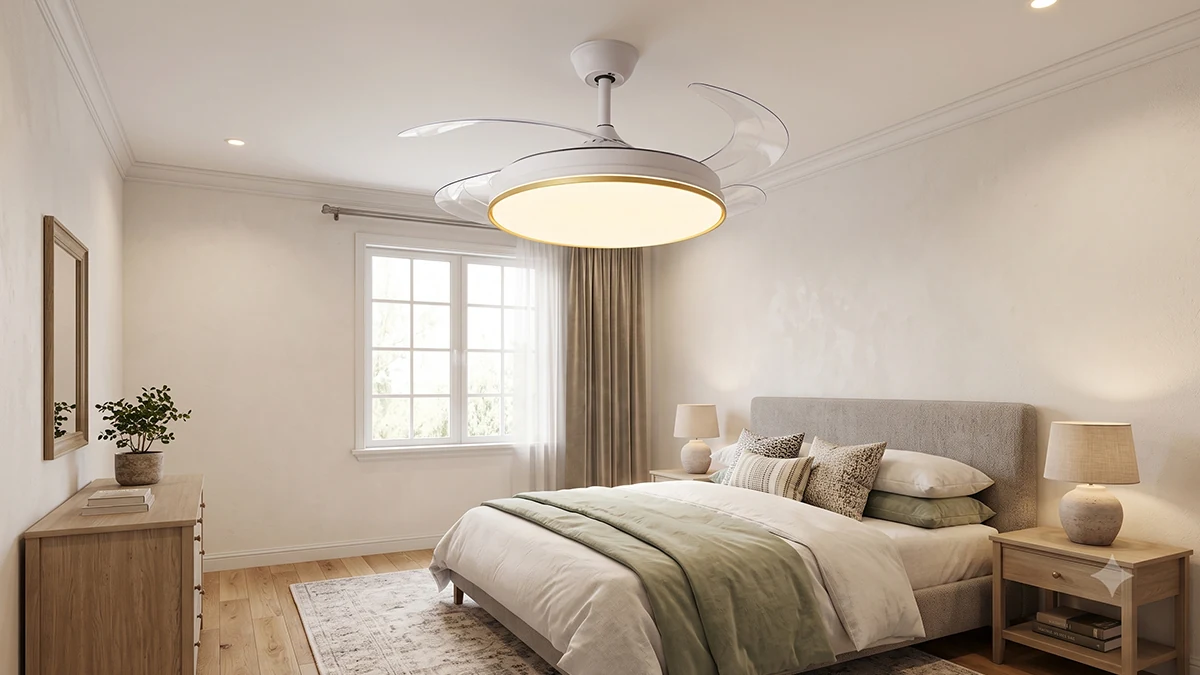 White ceiling fan with a round lamp above the bed in a bright bedroom.