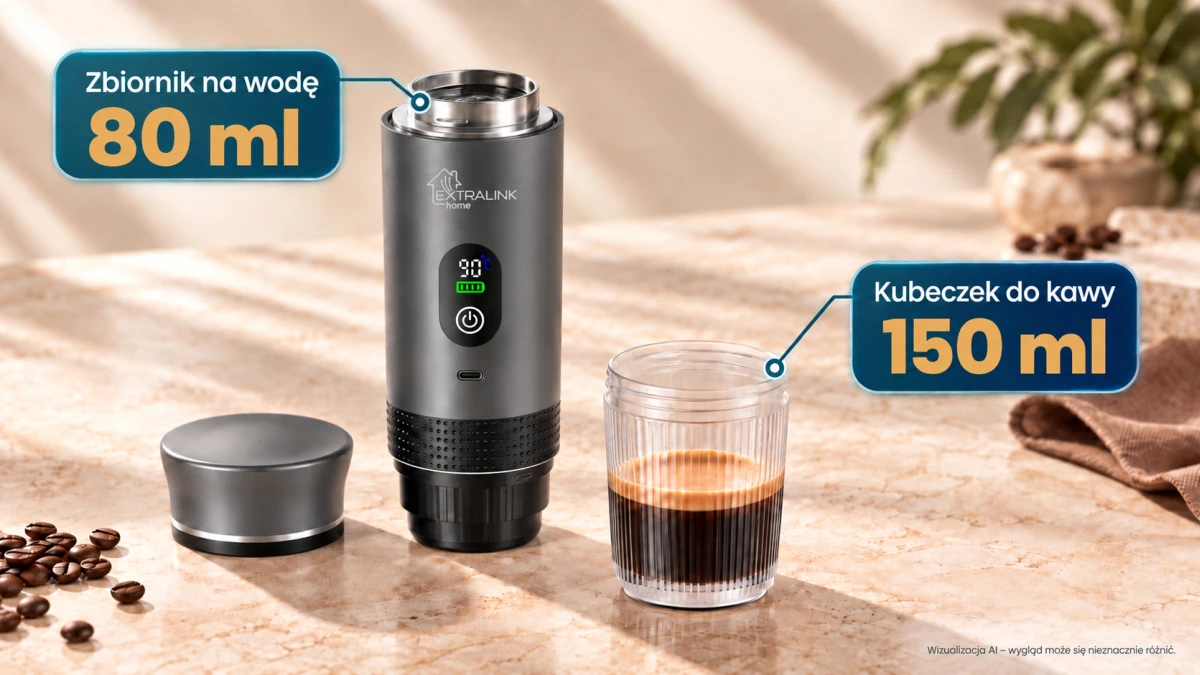 Macchina da caffè grigia Extralink Espresso2Go con tazzina rimovibile per il caffè preparato.