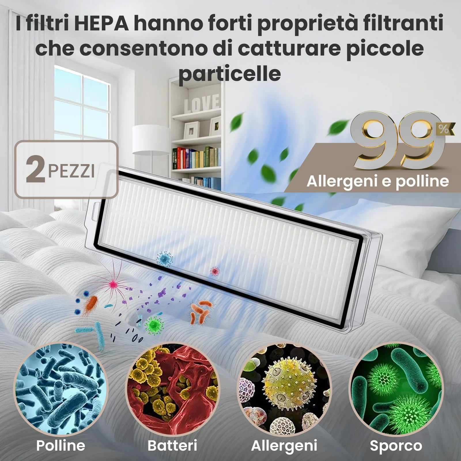 Singolo filtro HEPA per robot aspirapolvere mostrato su uno sfondo con una camera da letto e particelle simboliche
