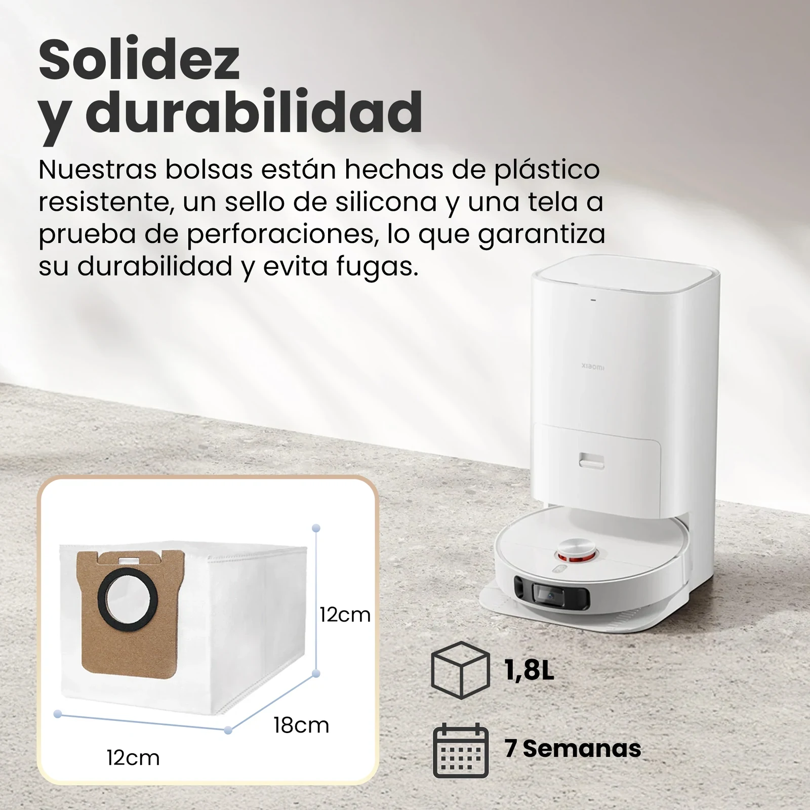 Bolsa blanca en la estación de carga de un robot Xiaomi y primer plano de su estructura