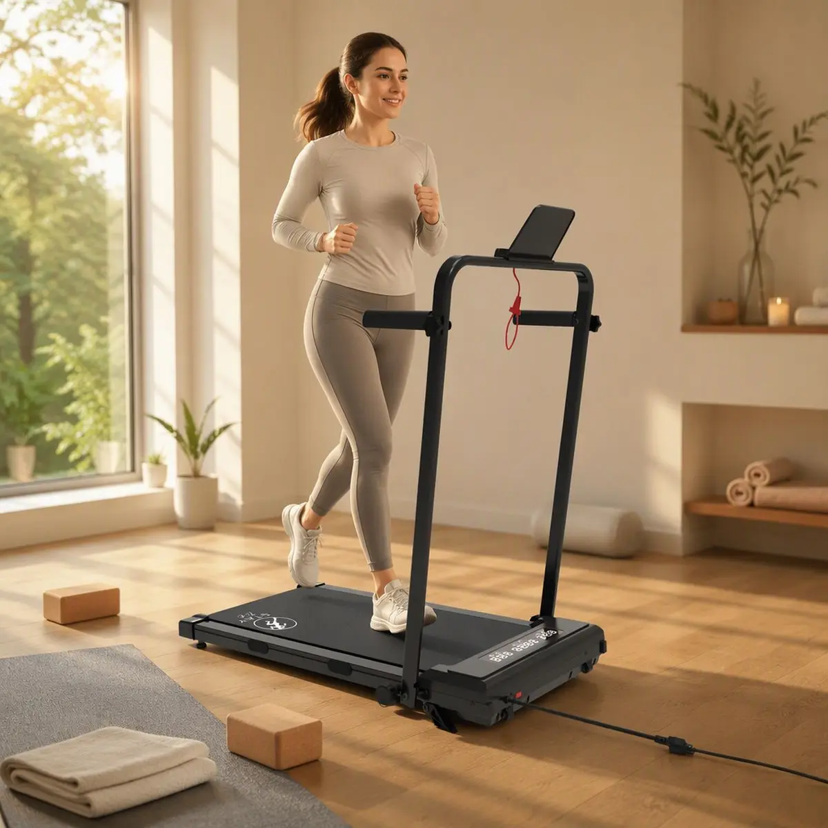 Kobieta korzysta z bieżni StayFit Aurora z uchwytami i panelem sterowania w domowej przestrzeni
