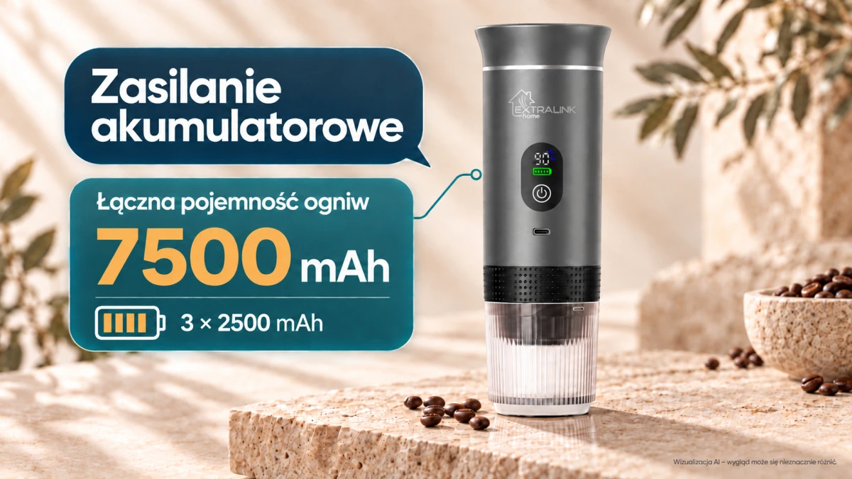 Macchina da caffè grigia Extralink Espresso2Go a batteria con tre celle di alimentazione.