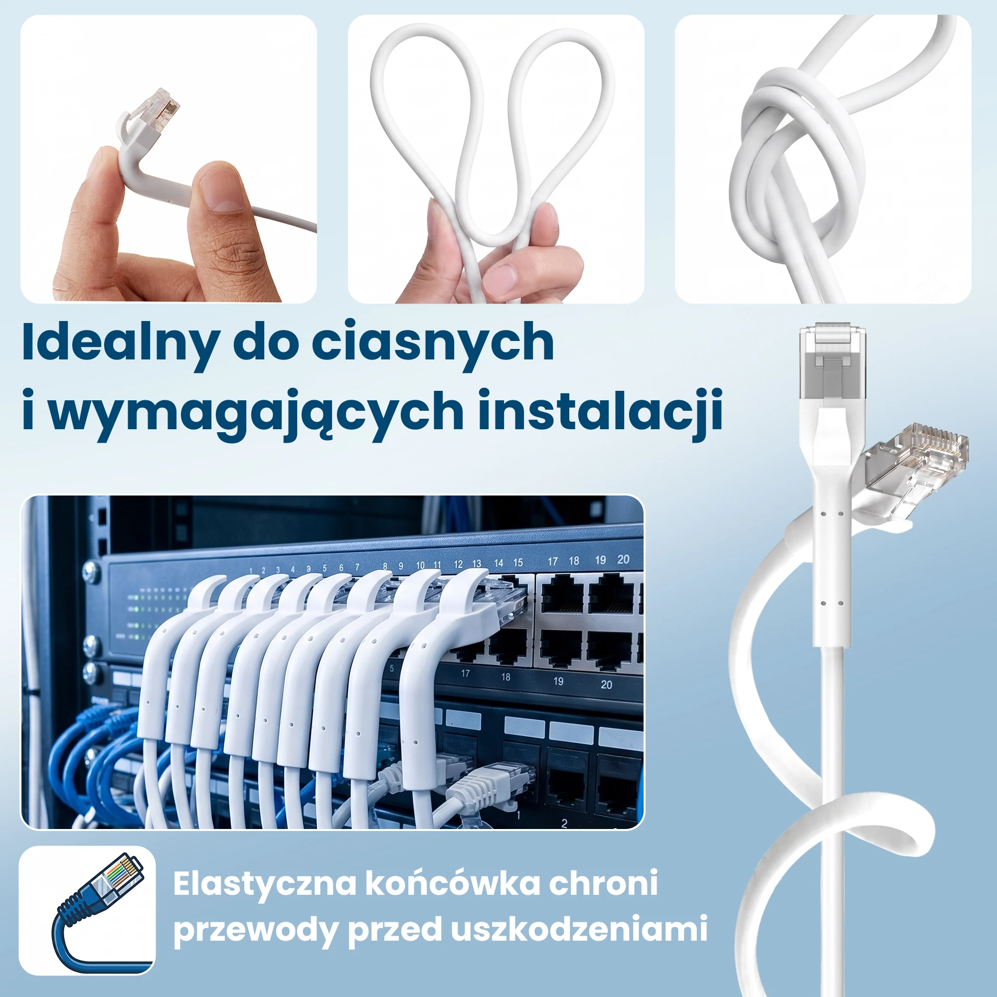 Biały patchcord Extralink z elastycznymi zakończeniami ułożony w ciasnej instalacji sieciowej