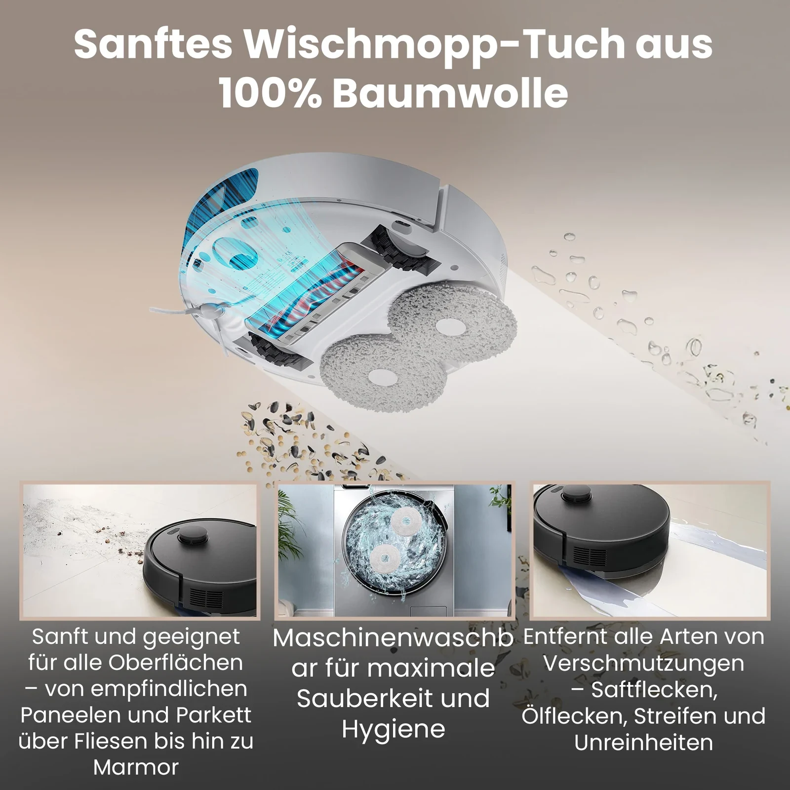 Saugroboter mit zwei runden Wischtüchern beim Reinigen des Bodens